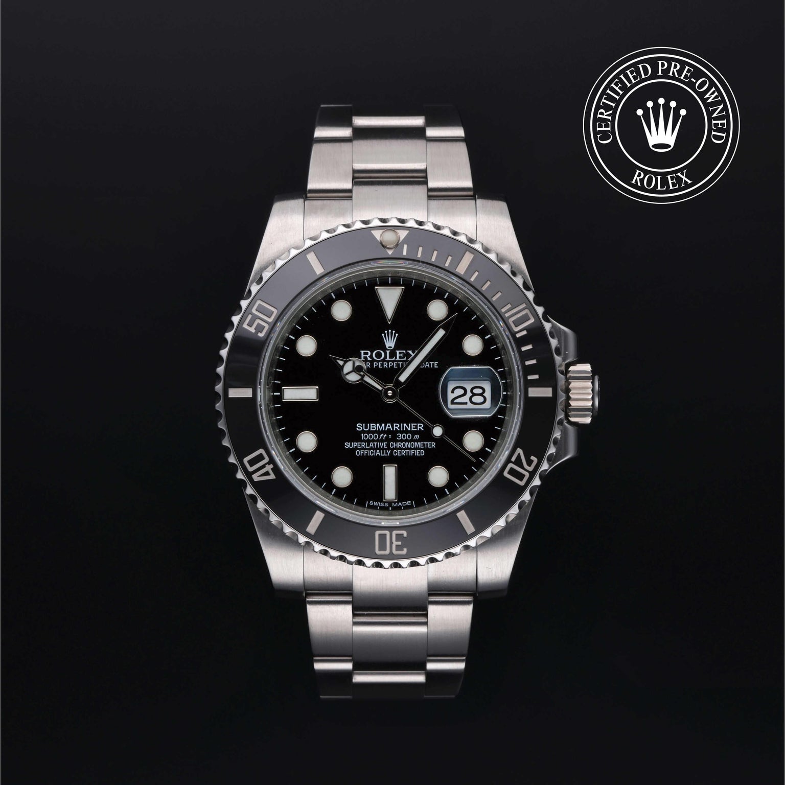 Rolex Certified Pre-owned Submariner M116610LN-0001 front on black background