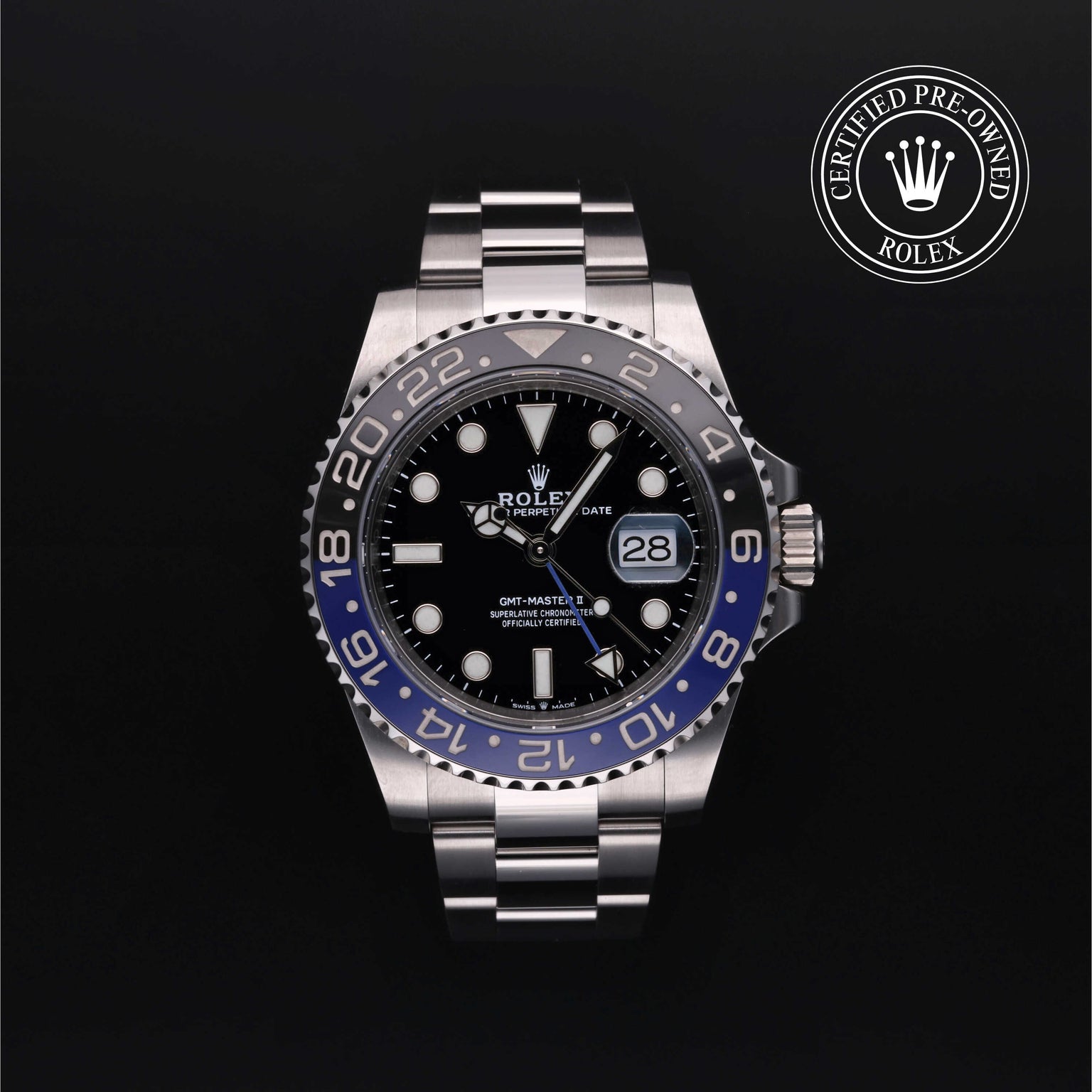 Rolex Certified Pre-owned GMT M126710BLNR-0003 front on black background