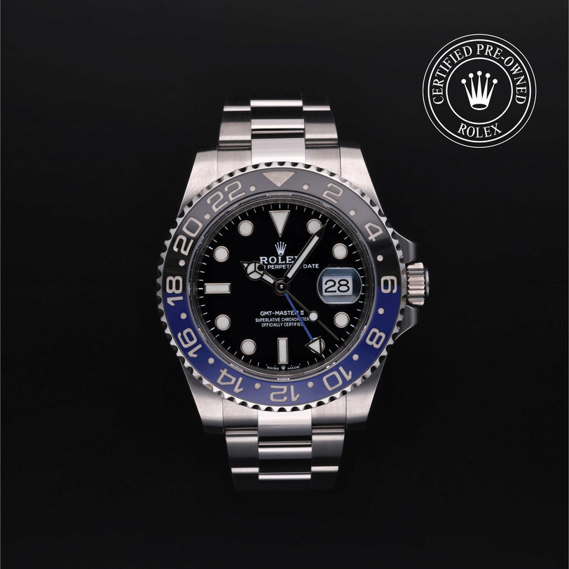 Rolex Certified Pre-owned GMT M126710BLNR-0003 front on black background