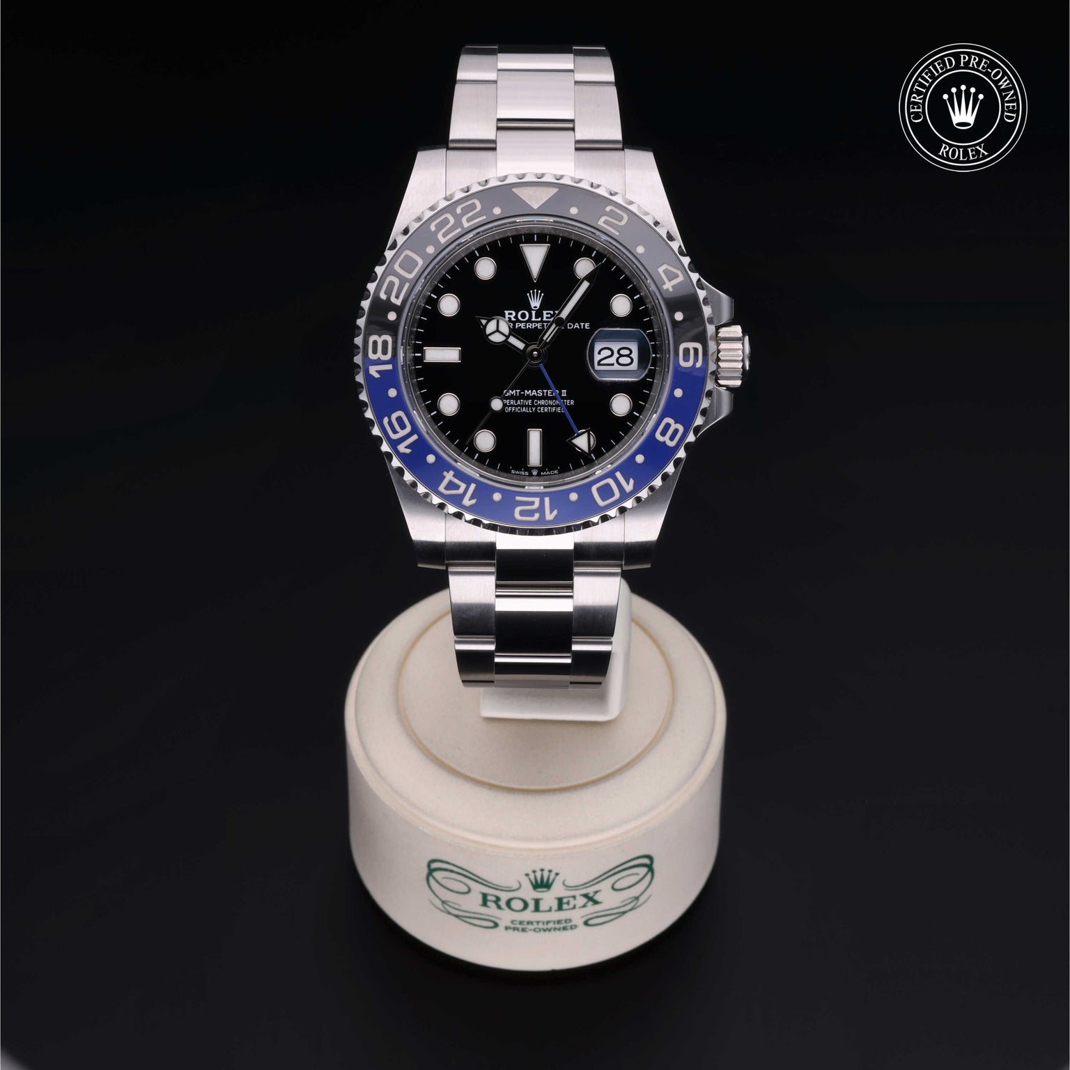 Rolex Certified Pre-owned GMT M126710BLNR-0003 front on black background