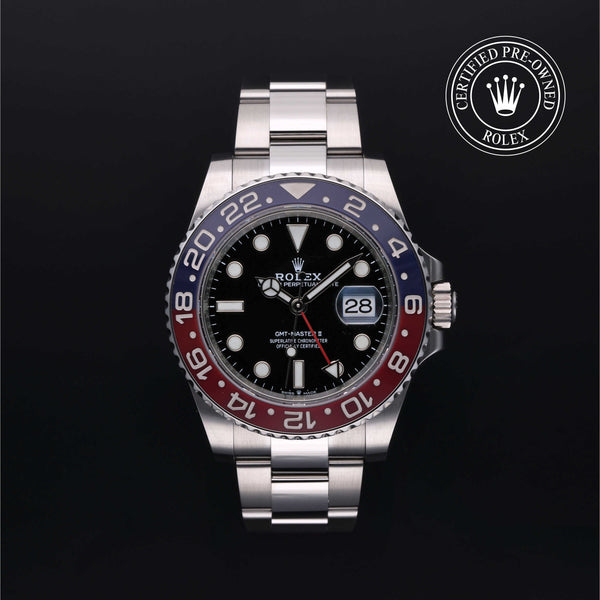 Rolex Certified Pre-owned GMT M126710BLRO-0002 front on black background