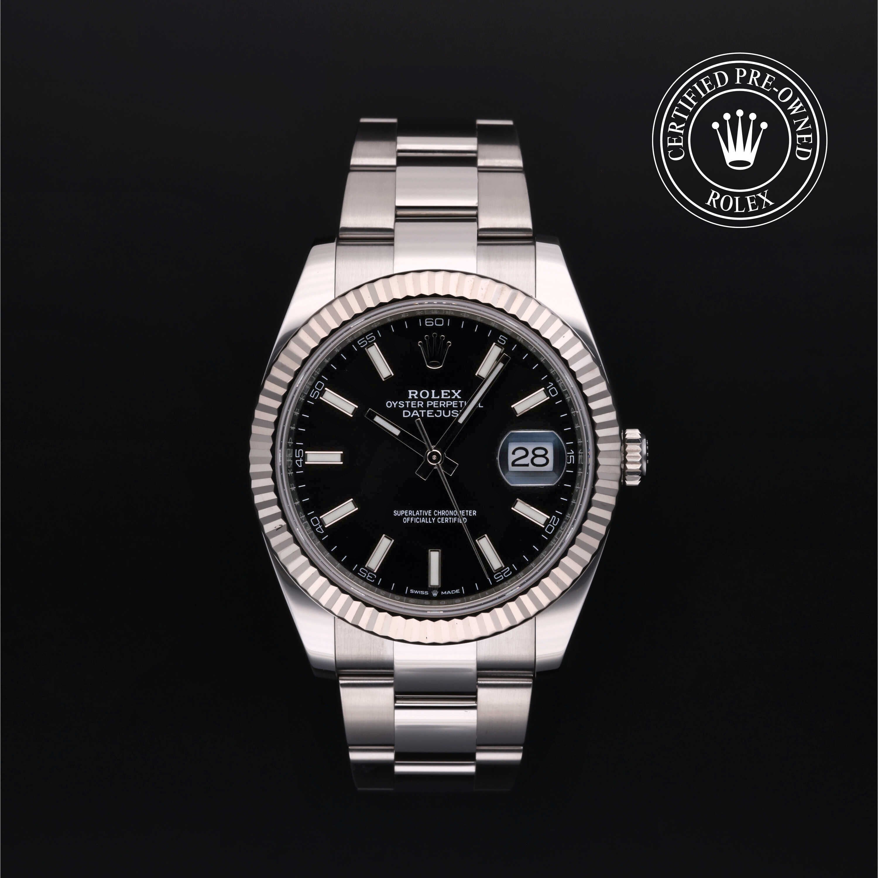 Rolex Certified Pre-owned Datejust M126334-0017 front on black background