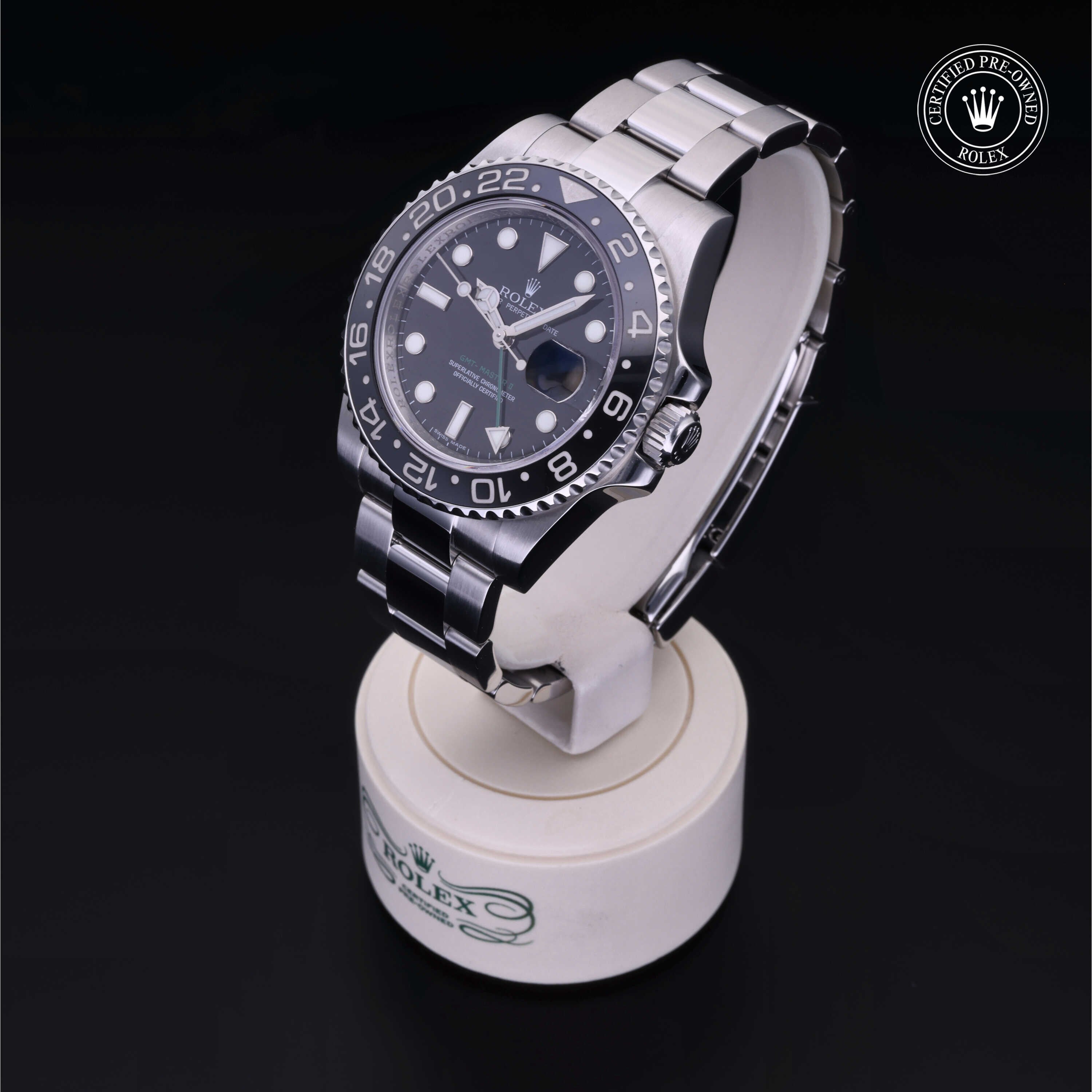 Rolex Certified Pre-owned GMT M116710LN-0001 front on black background