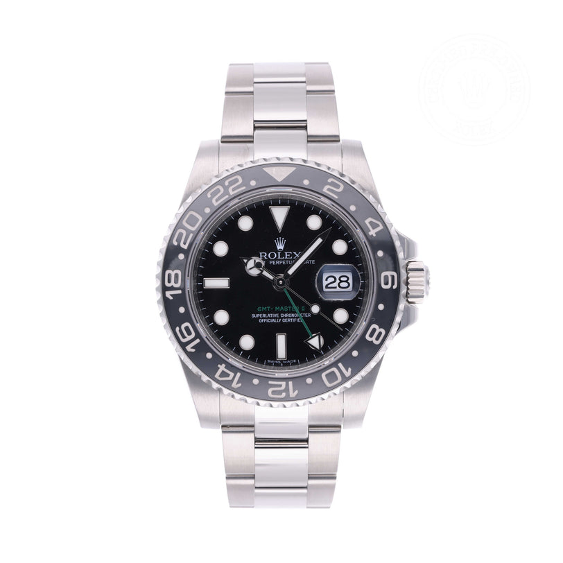 Rolex Certified Pre-owned GMT M116710LN-0001 front on white background