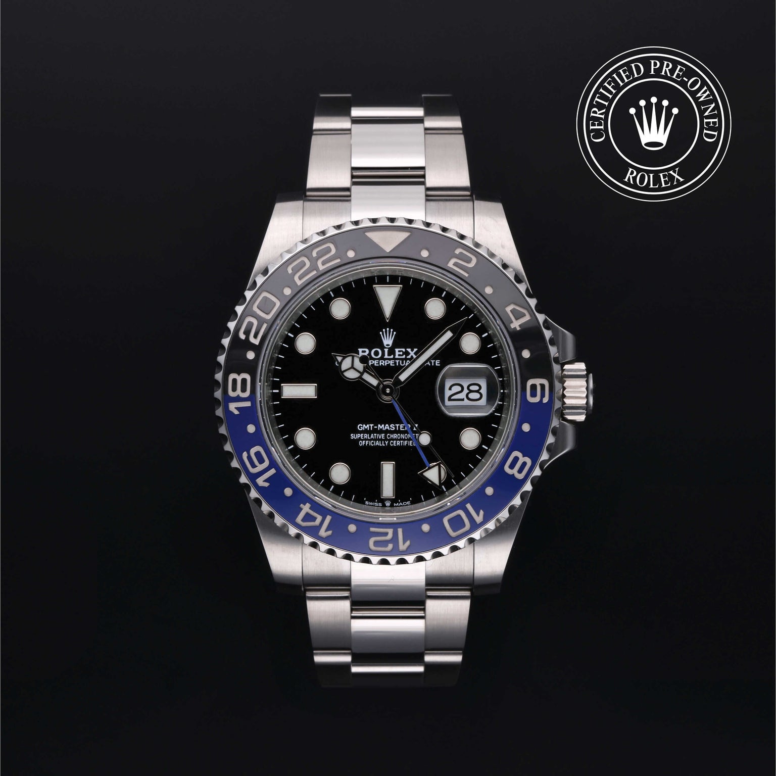 Rolex Certified Pre-owned GMT M126710BLNR-0003 front on black background