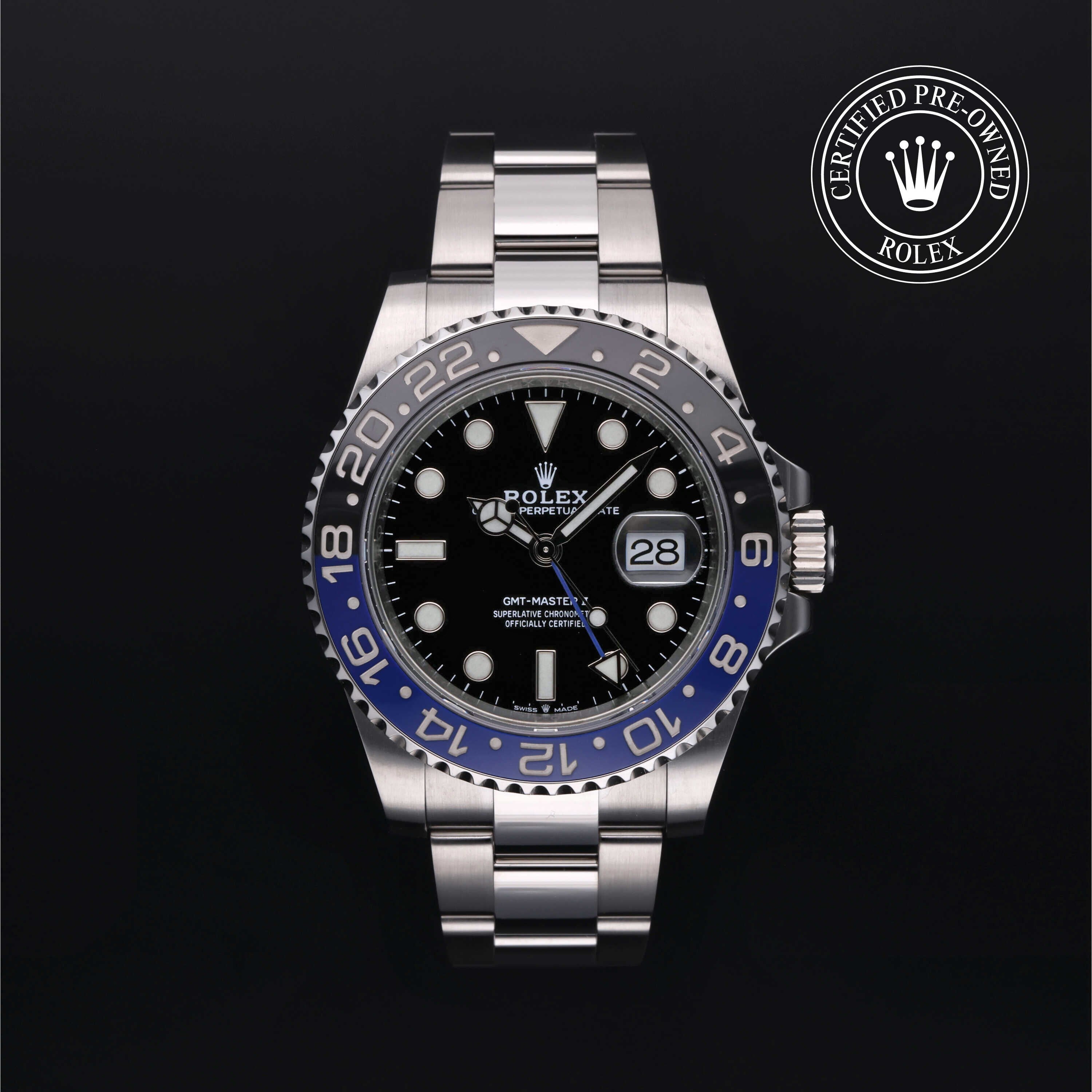 Rolex Certified Pre-owned GMT M126710BLNR-0003 front on black background