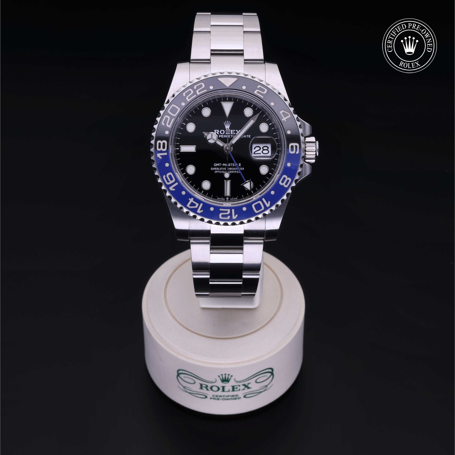 Rolex Certified Pre-owned GMT M126710BLNR-0003 front on black background