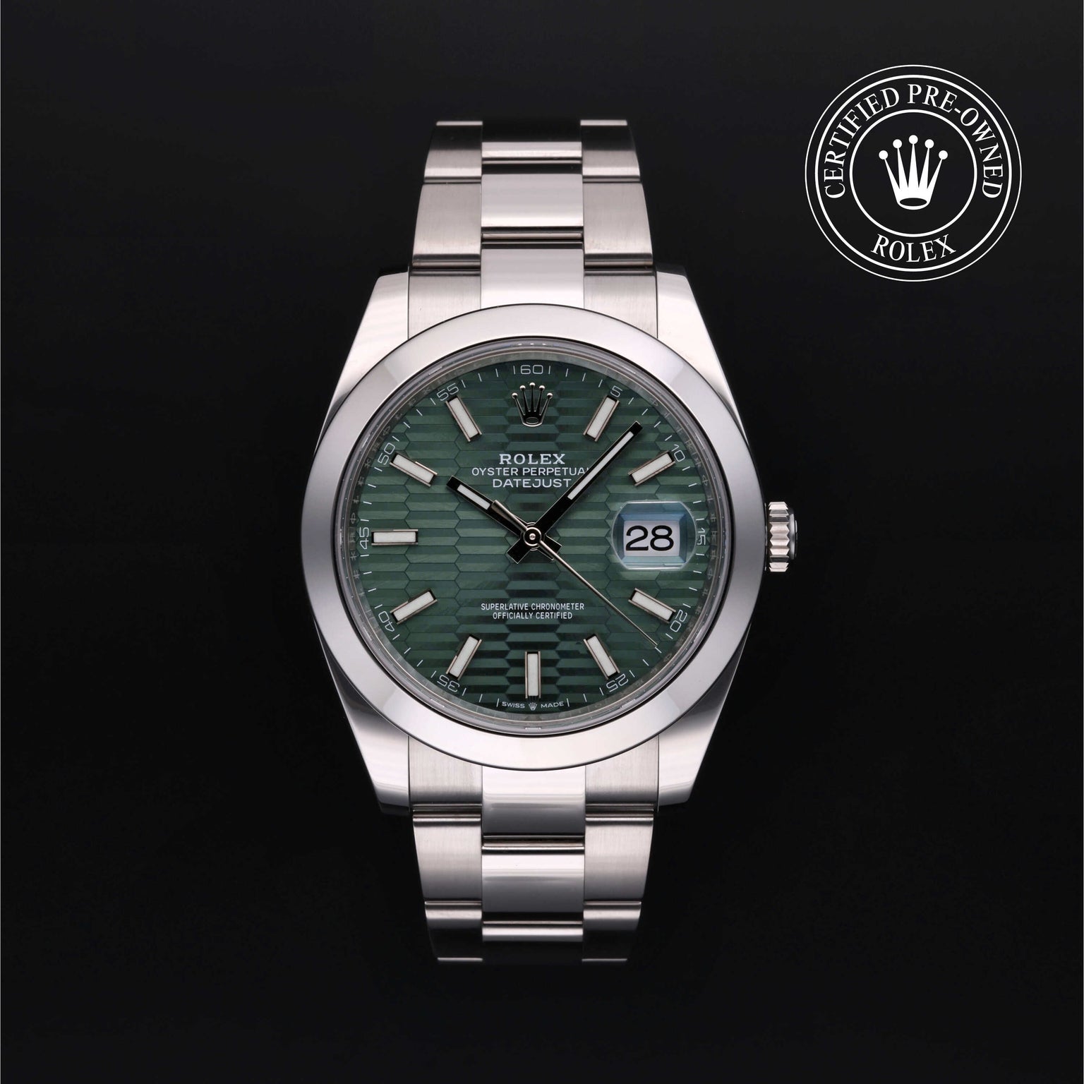Rolex Certified Pre-owned Datejust M126300-0021 front on black background