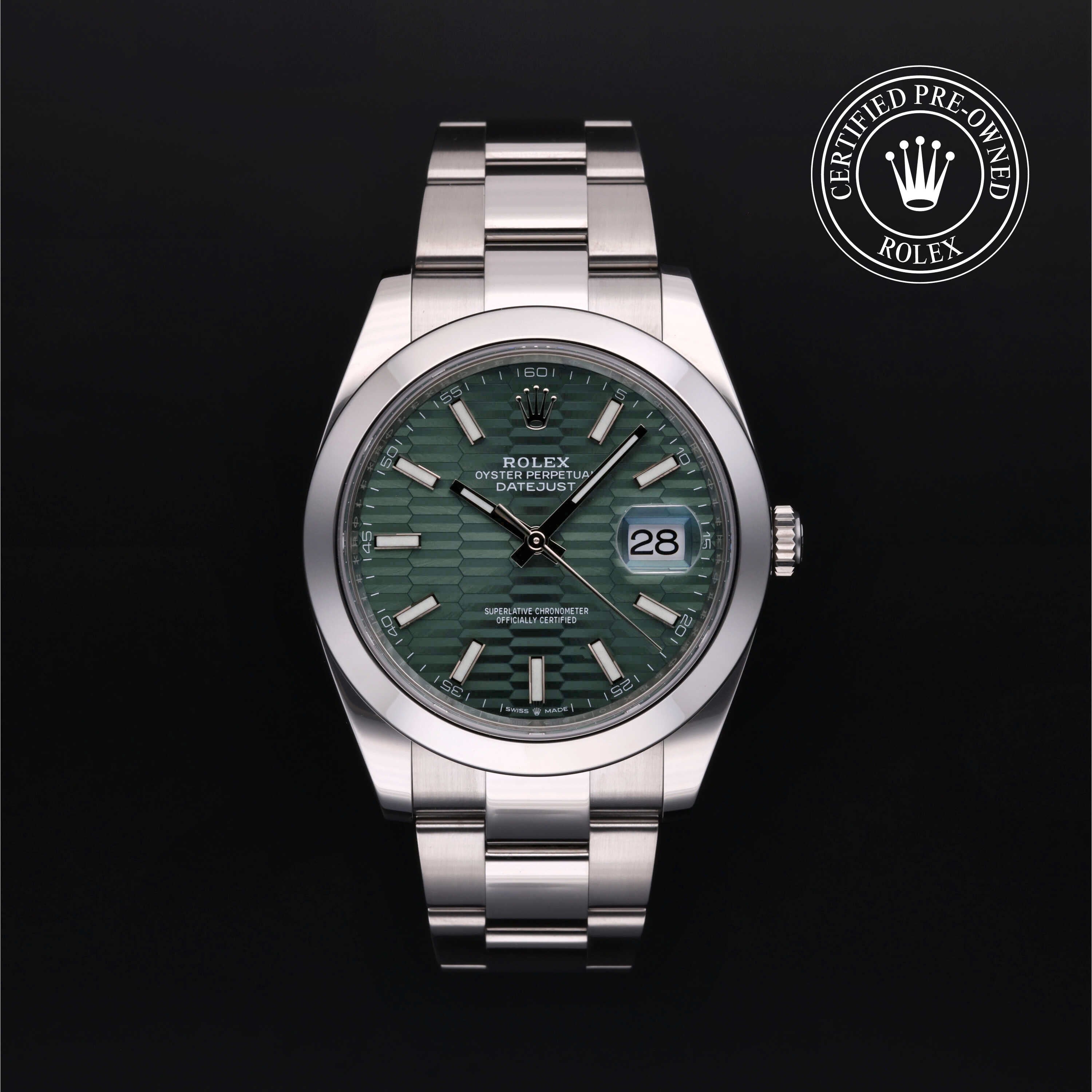 Rolex Certified Pre-owned Datejust M126300-0021 front on black background