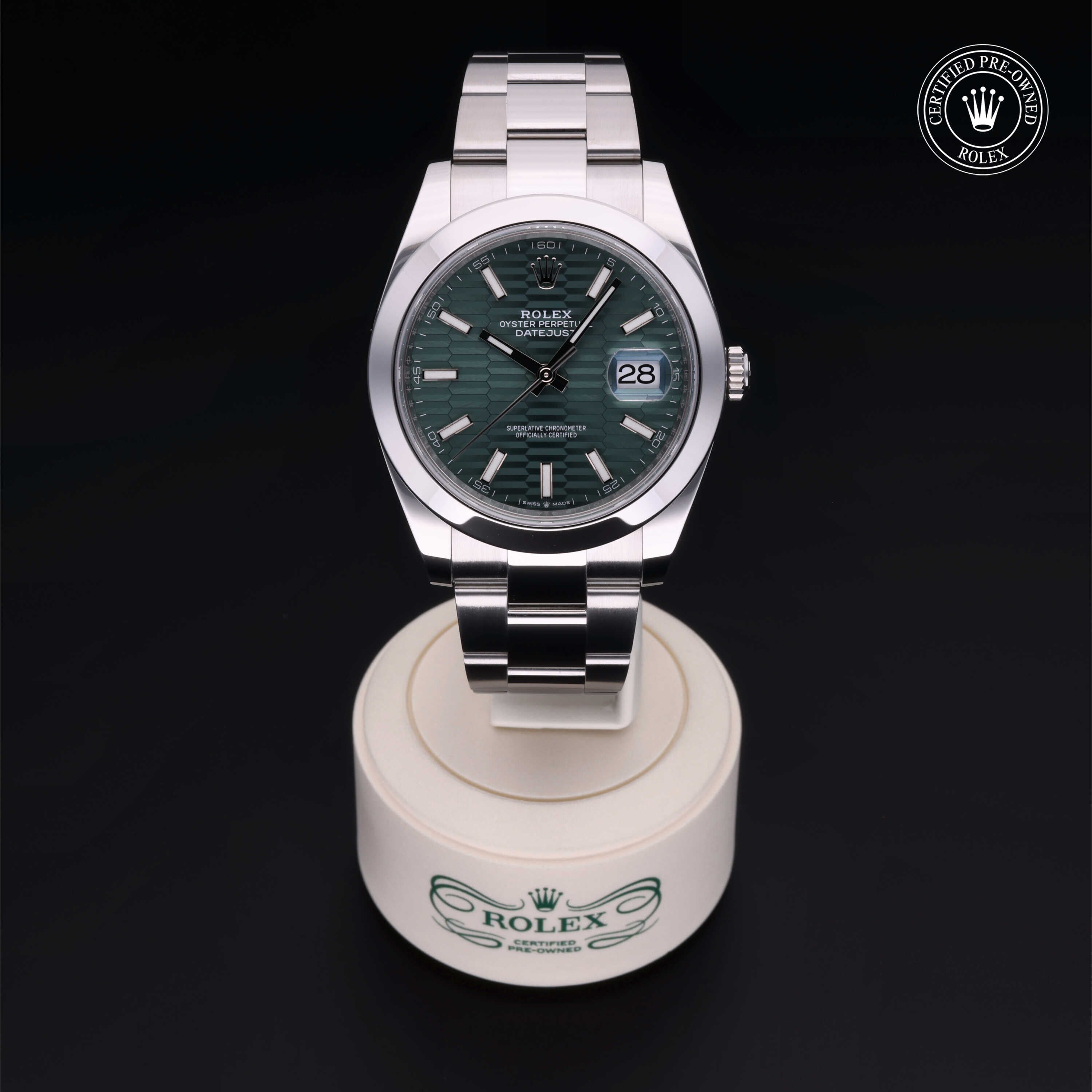 Rolex Certified Pre-owned Datejust M126300-0021 front on black background