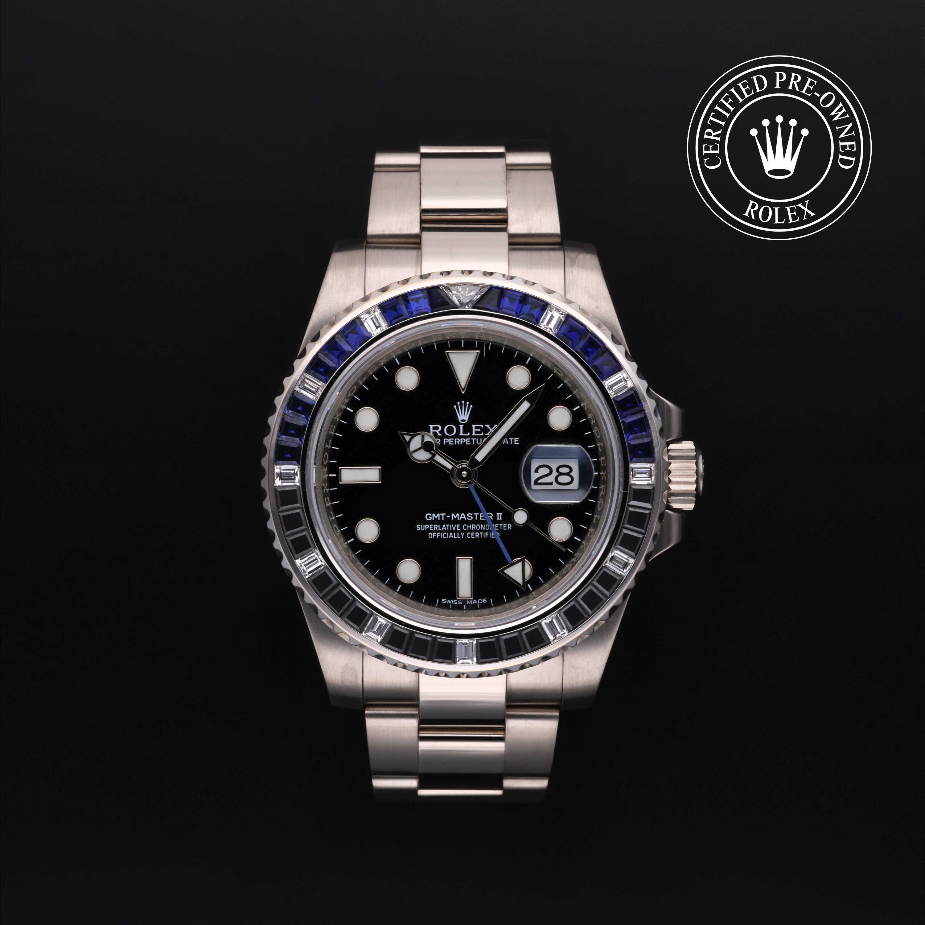 Rolex Certified Pre-owned GMT M116749SABLNR-0001 front on black background