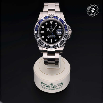 Rolex Certified Pre-owned GMT M116749SABLNR-0001 front on black background