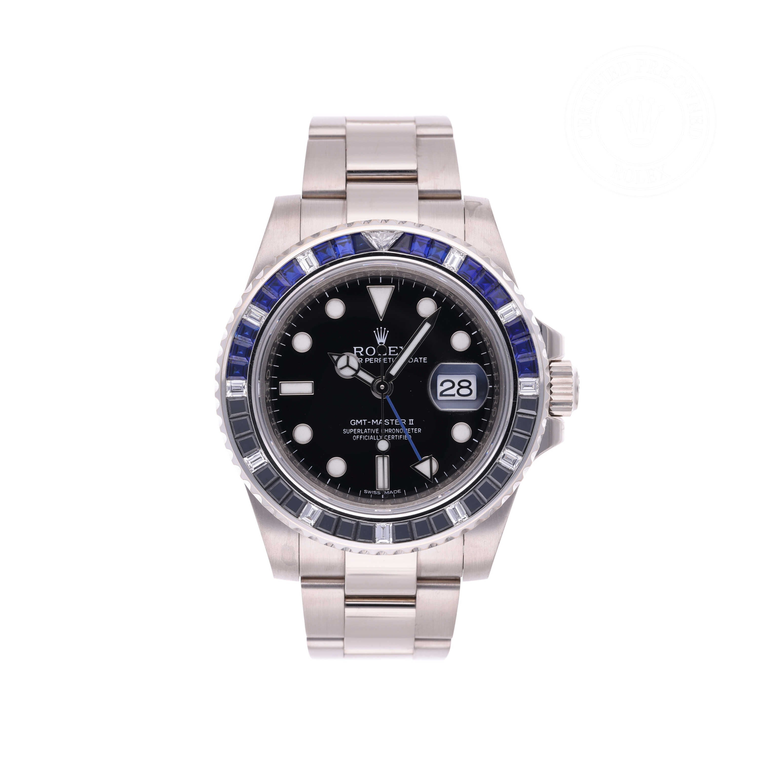 Rolex Certified Pre-owned GMT M116749SABLNR-0001 front on white background