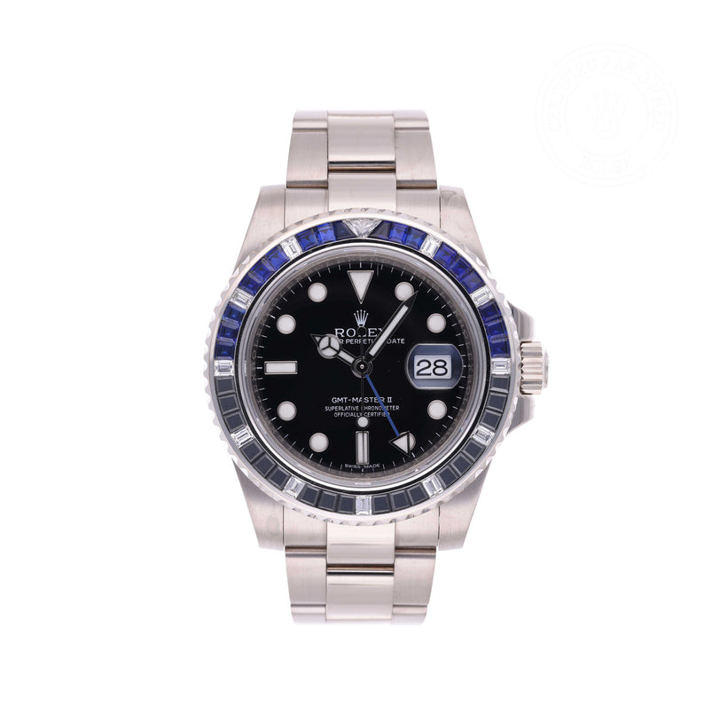 Rolex Certified Pre-owned GMT M116749SABLNR-0001 front on white background