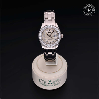 Rolex Certified Pre-owned Lady Datejust Pearlmaster M80299-0073 front on black background