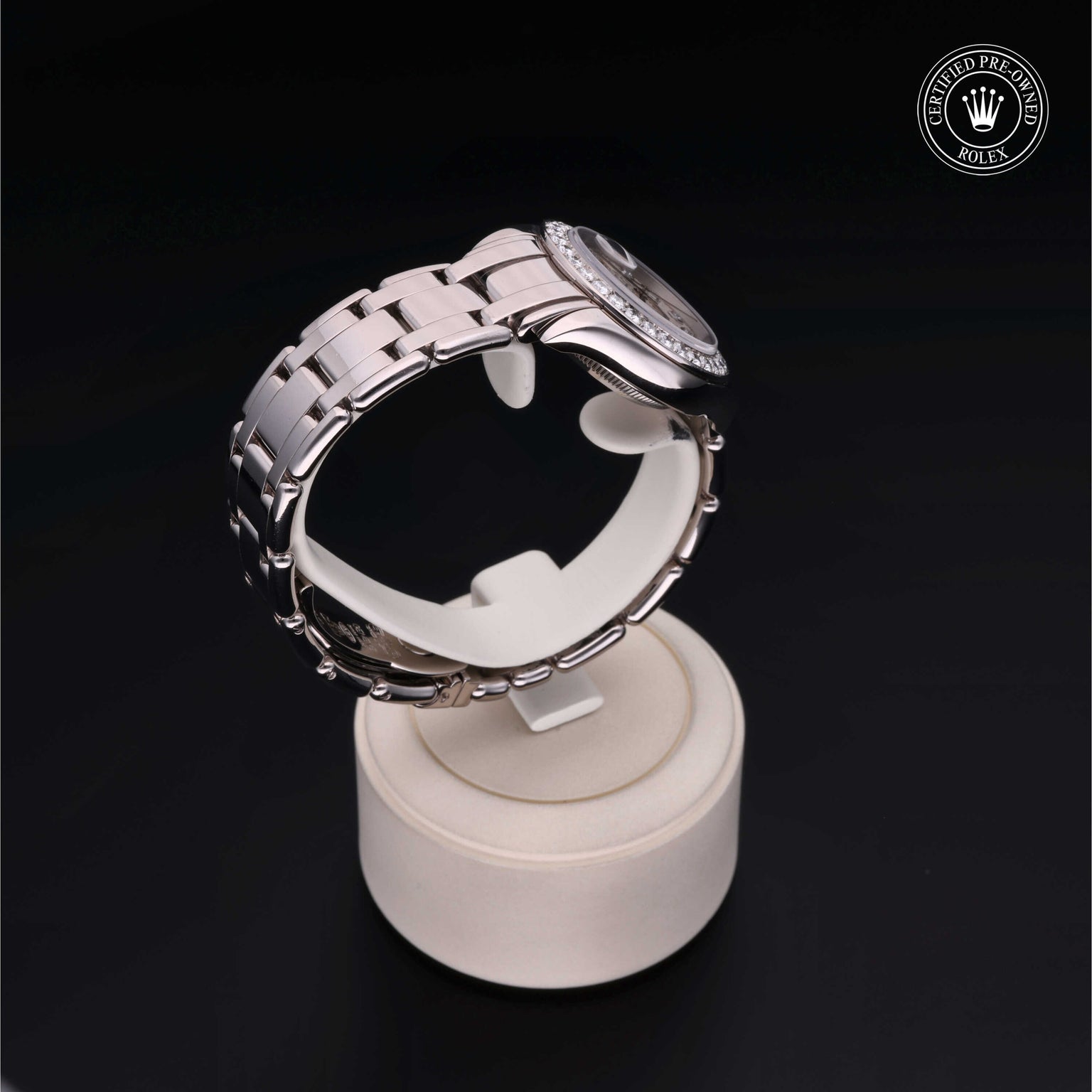 Rolex Certified Pre-owned Lady Datejust Pearlmaster M80299-0073 front on black background