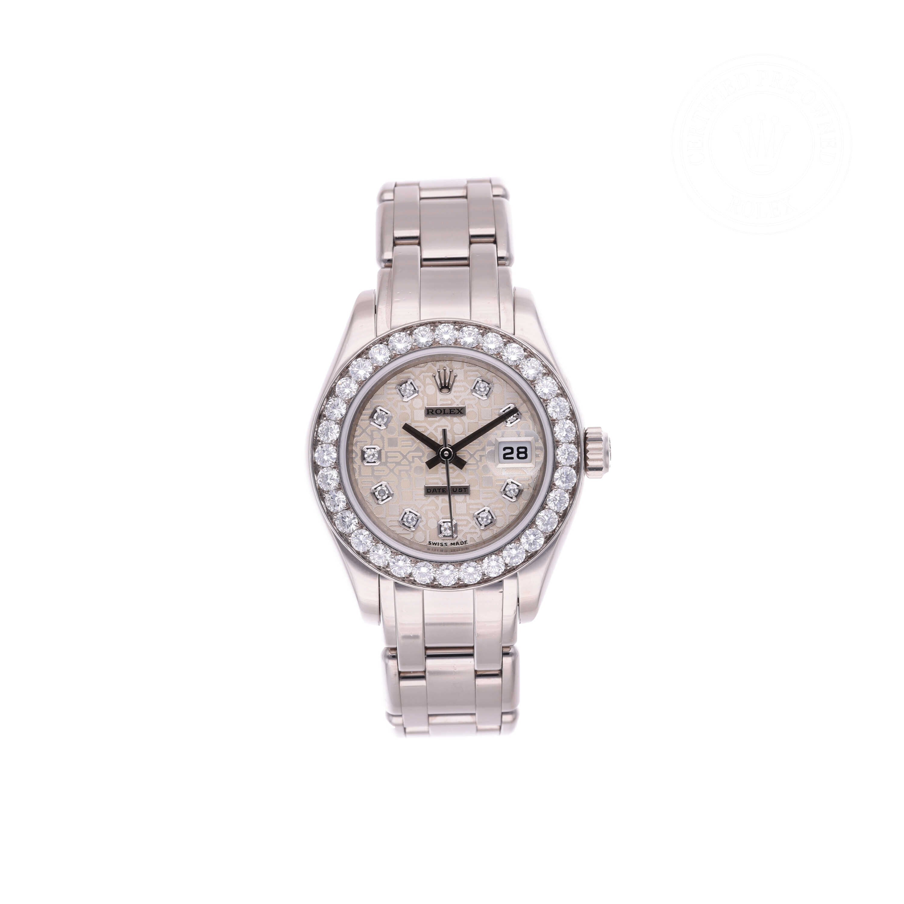 Rolex Certified Pre-owned Lady Datejust Pearlmaster M80299-0073 front on white background