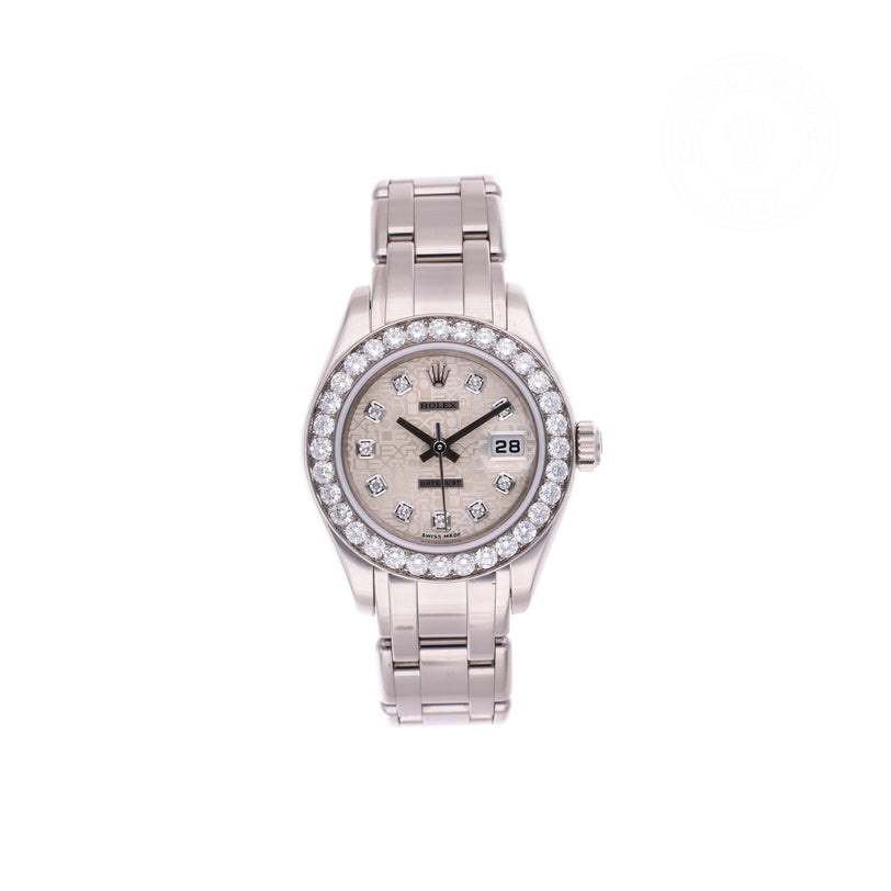 Rolex Certified Pre-owned Lady Datejust Pearlmaster M80299-0073 front on white background