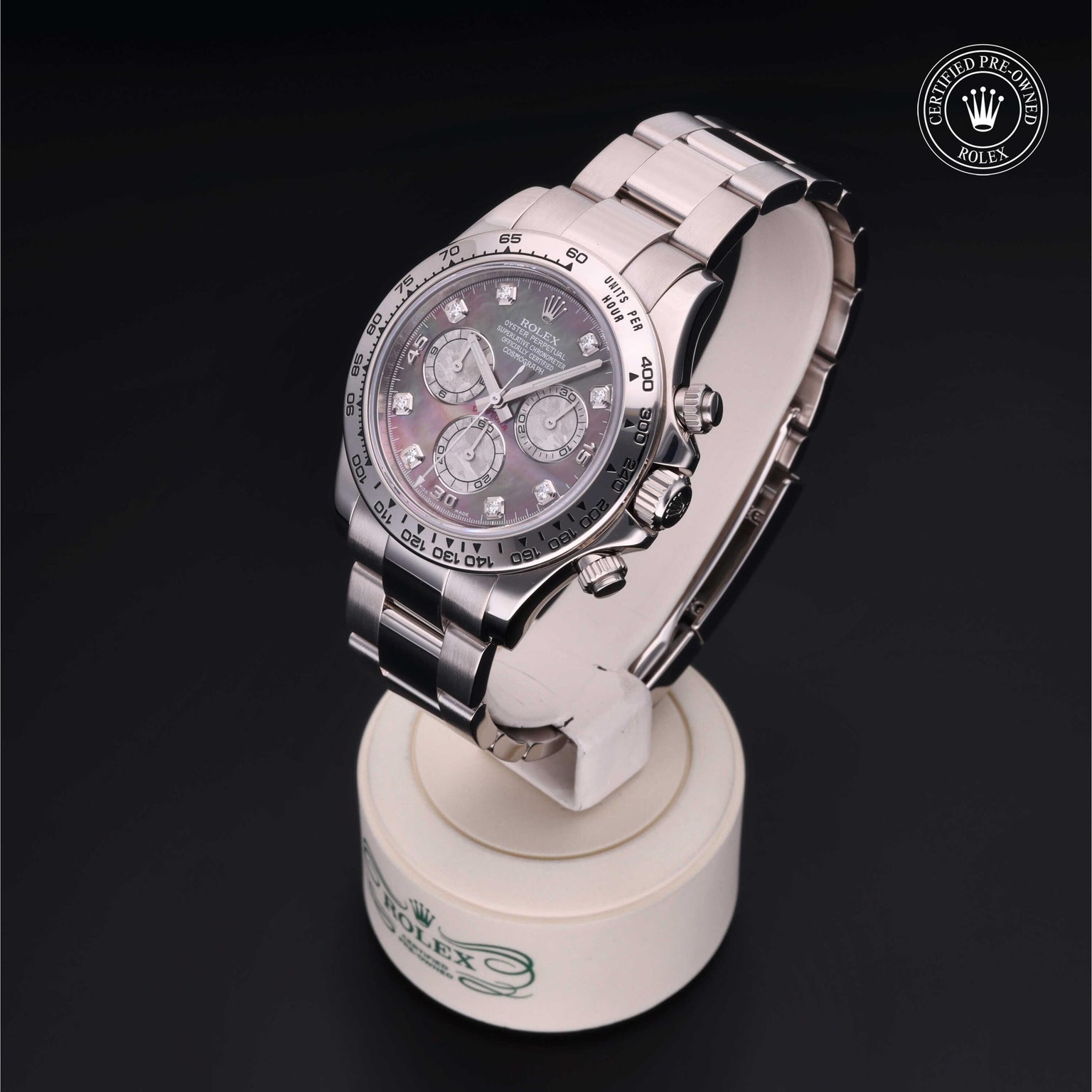 Rolex Certified Pre-owned Daytona M116509-0044 front on black background
