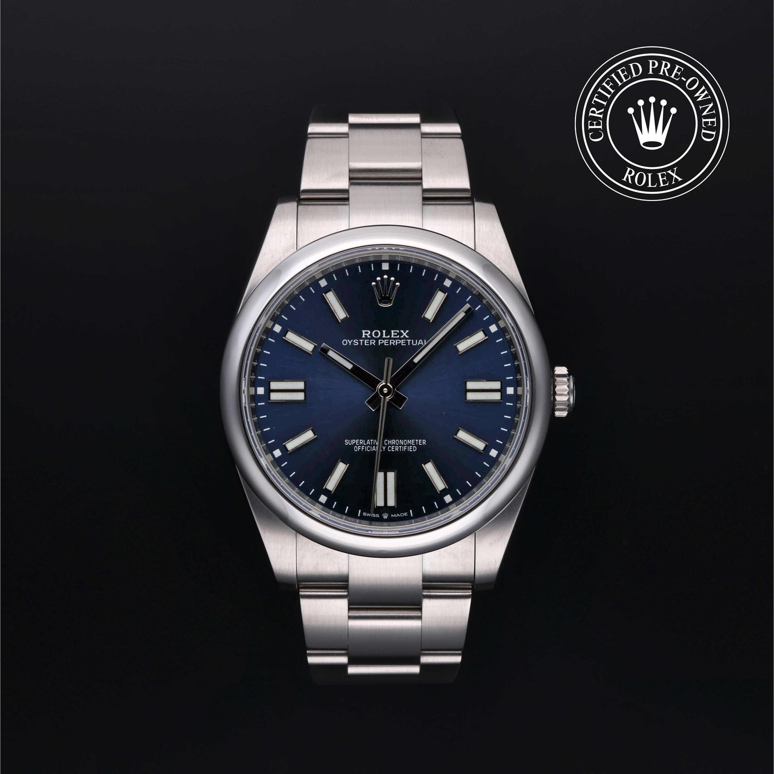Rolex Certified Pre-owned Oyster Perpetual M124300-0003 front on black background