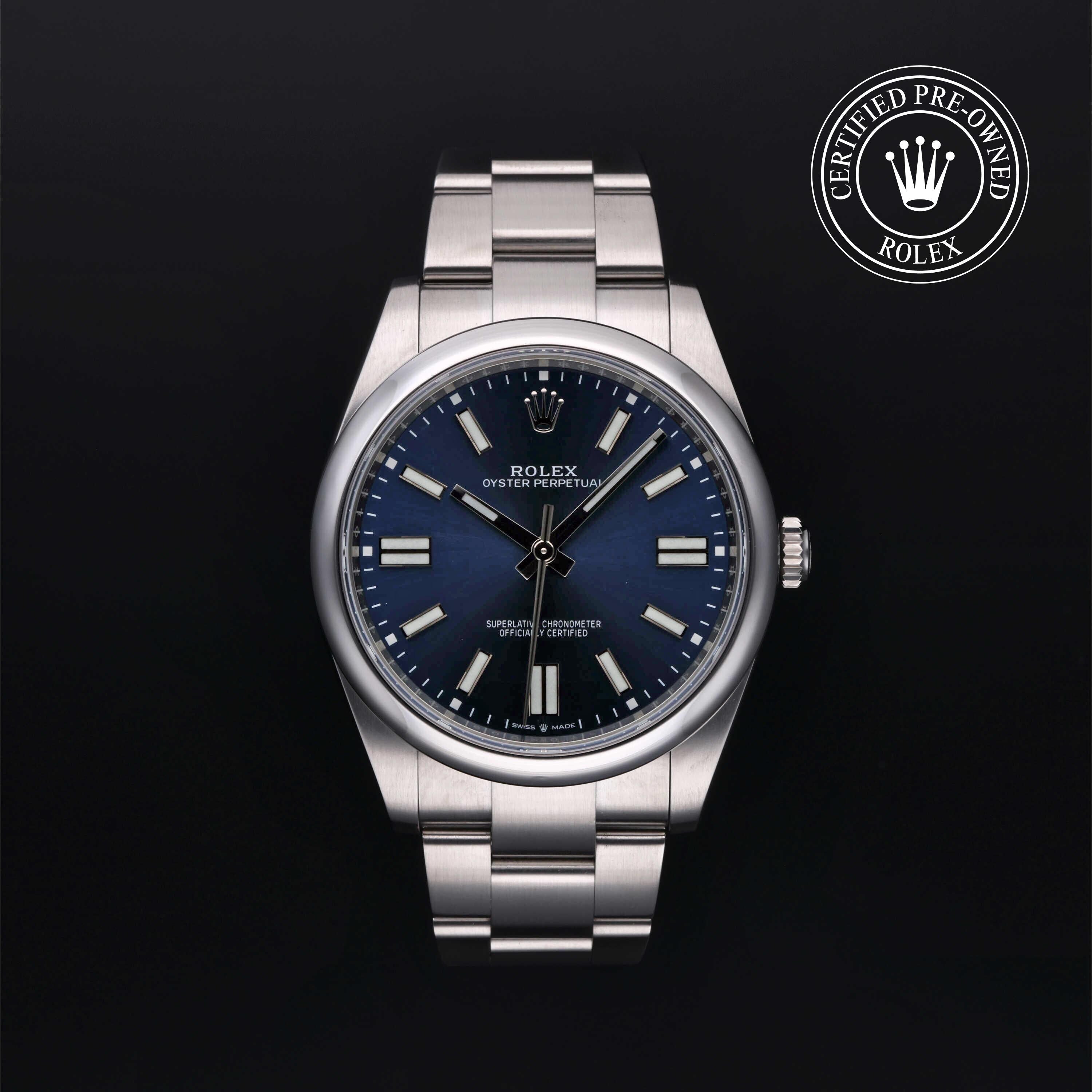 Rolex Certified Pre-owned Oyster Perpetual M124300-0003 front on black background