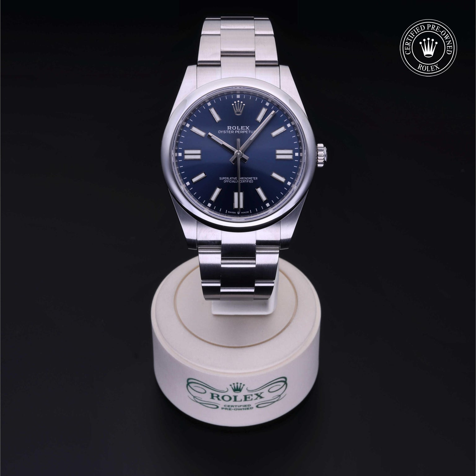 Rolex Certified Pre-owned Oyster Perpetual M124300-0003 front on black background