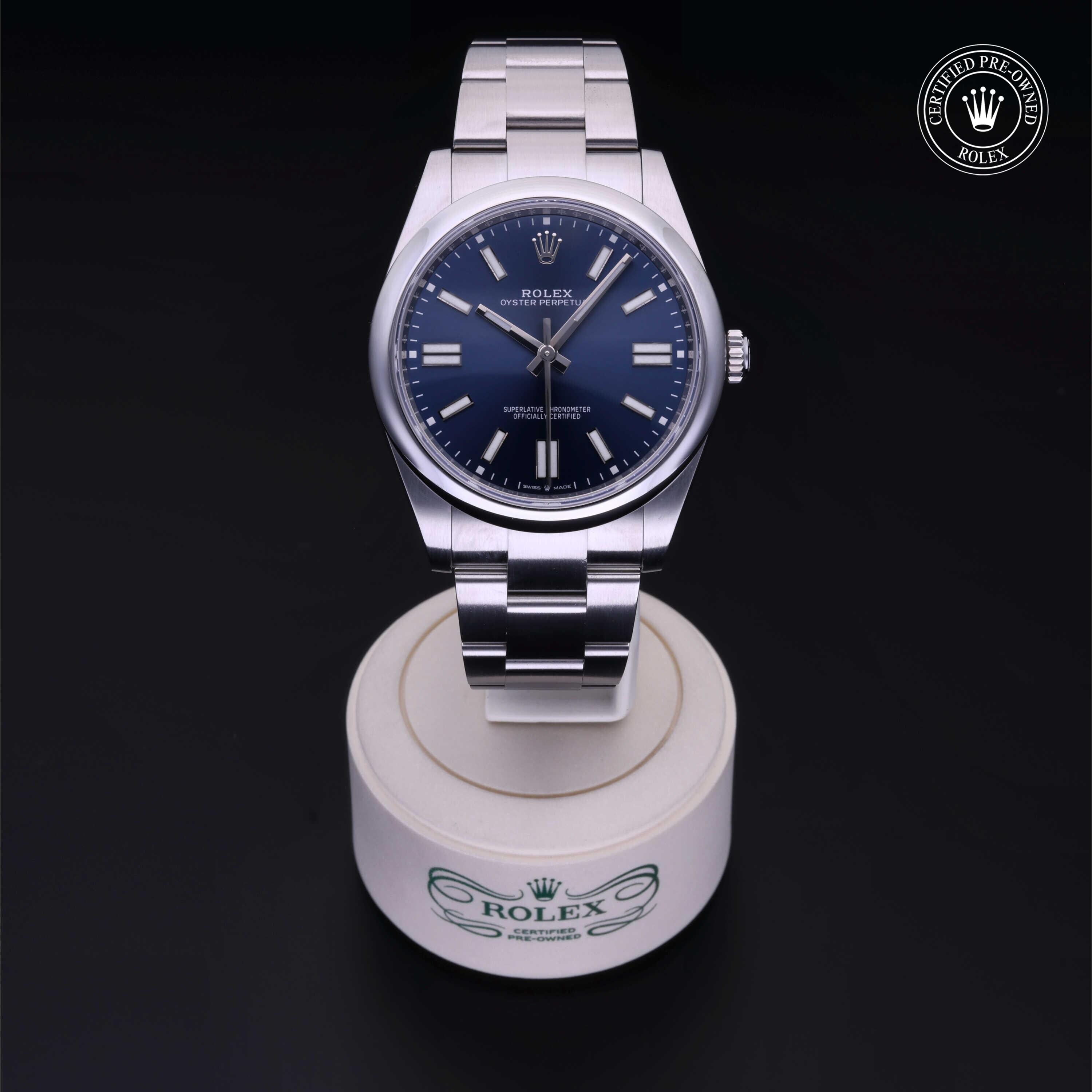 Rolex Certified Pre-owned Oyster Perpetual M124300-0003 front on black background