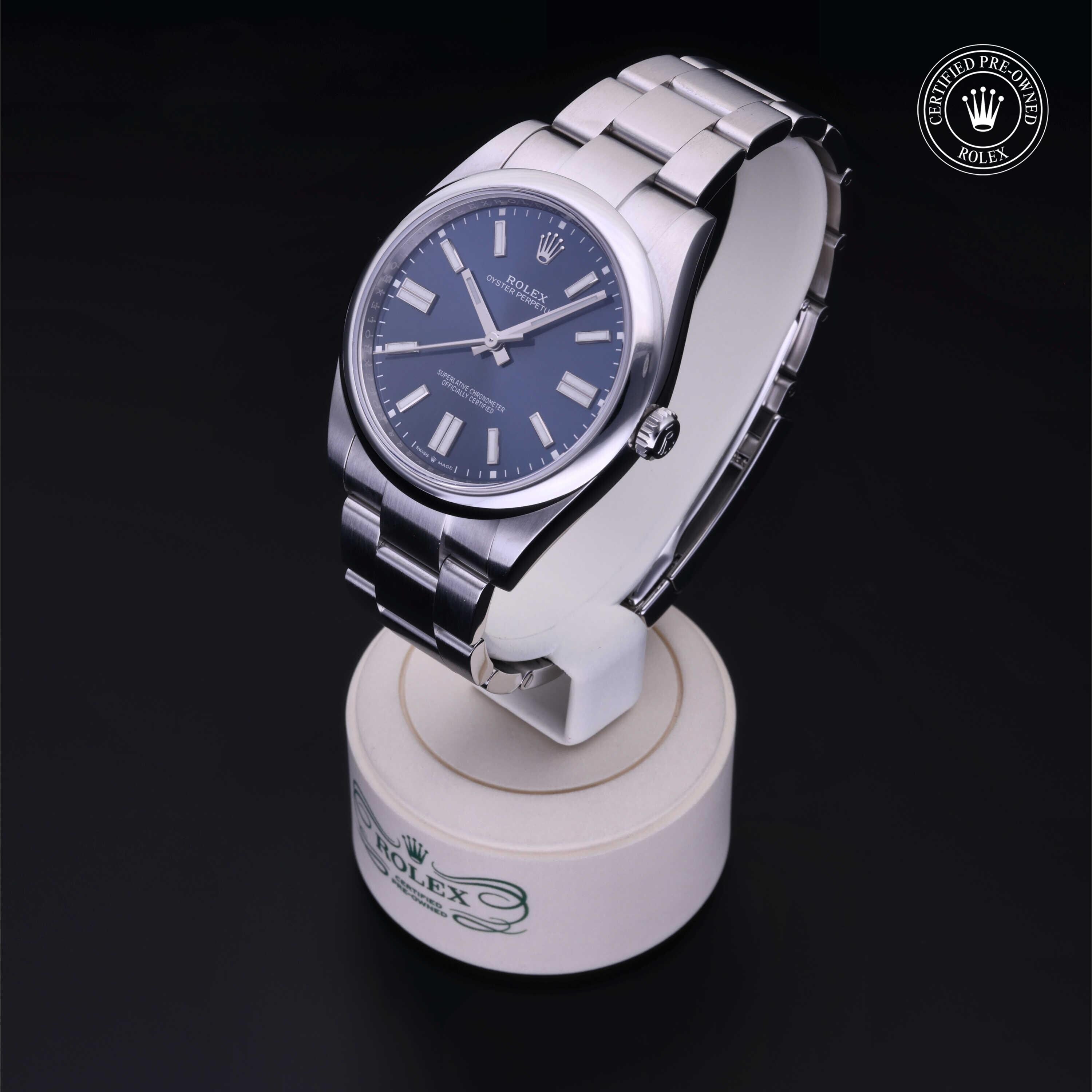 Rolex Certified Pre-owned Oyster Perpetual M124300-0003 front on black background