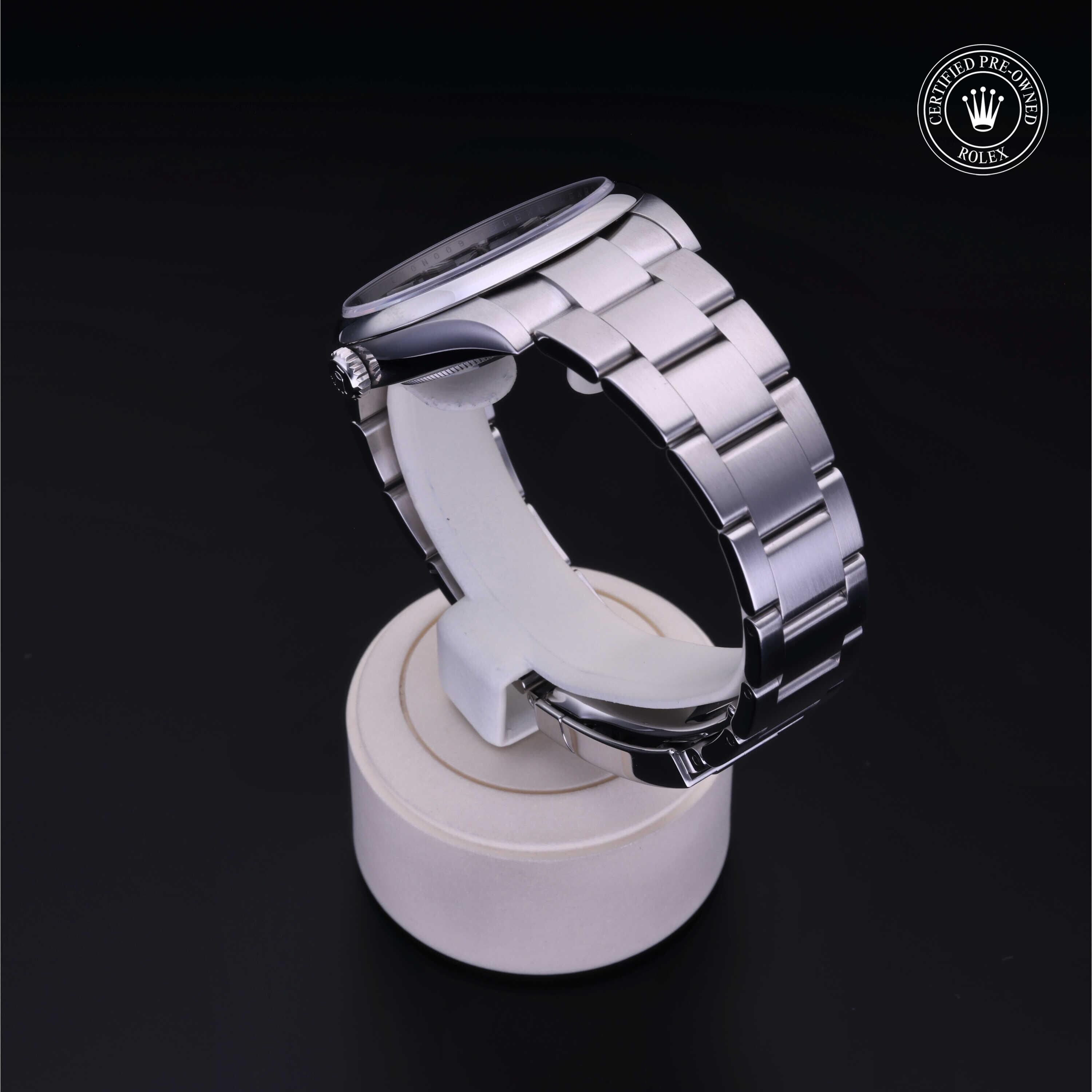 Rolex Certified Pre-owned Oyster Perpetual M124300-0003 front on black background