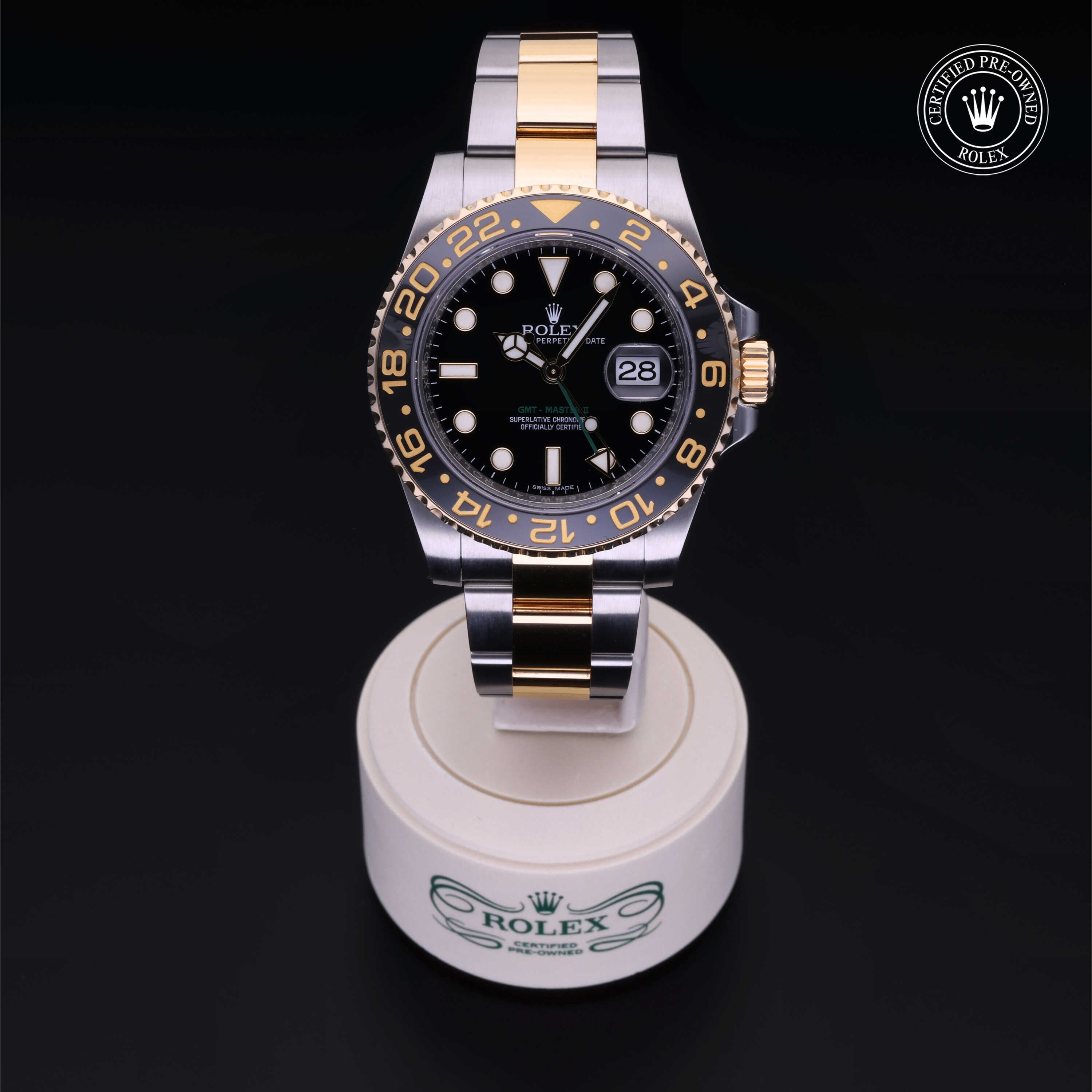 Rolex Certified Pre-owned GMT M116713LN-0001 front on black background