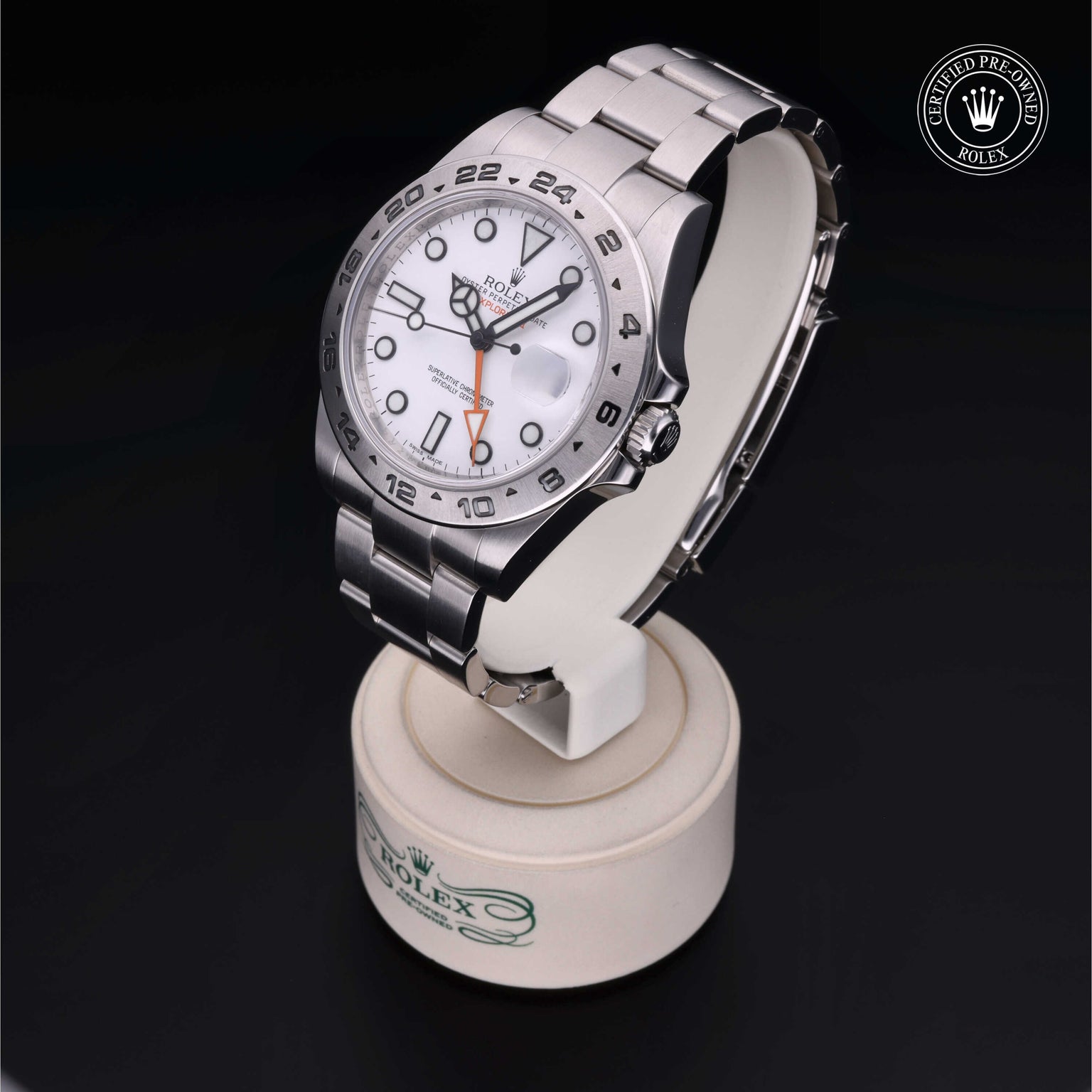 Rolex Certified Pre-owned Explorer M216570-0001 front on black background