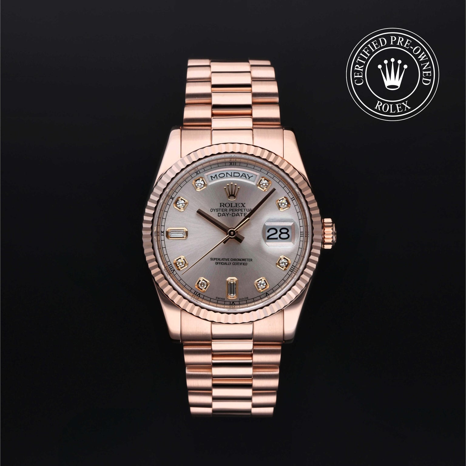 Rolex Certified Pre-owned Day-date M118235F-0029 front on black background