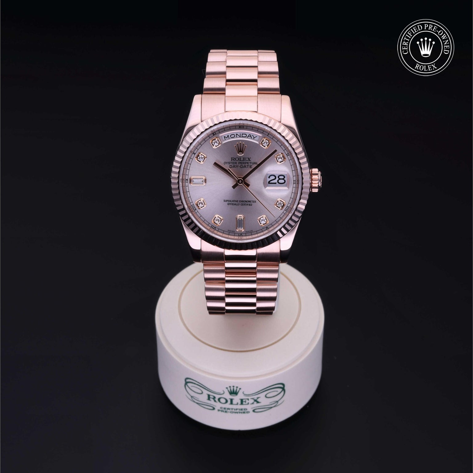 Rolex Certified Pre-owned Day-date M118235F-0029 front on black background