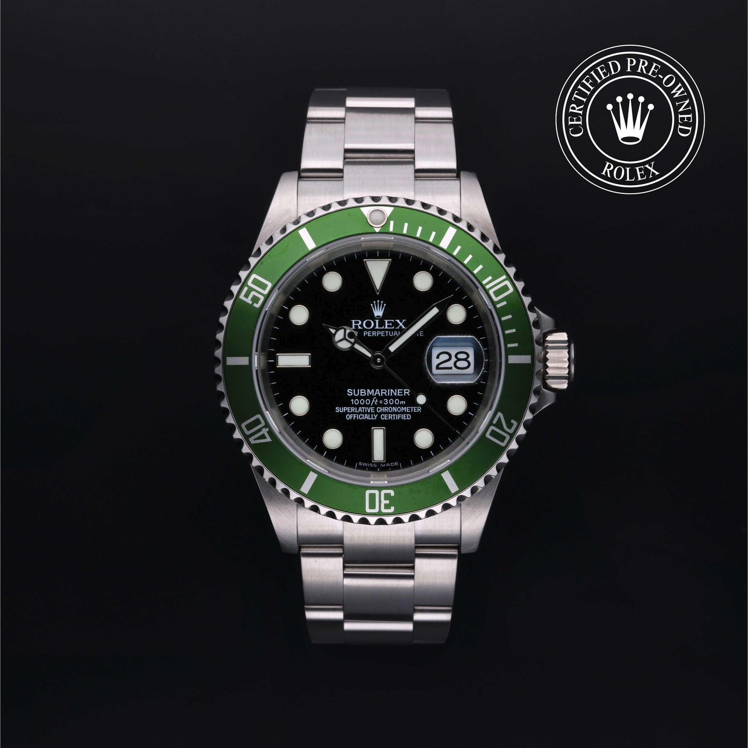 Rolex Certified Pre-owned Submariner M16610LV-0002 front on black background