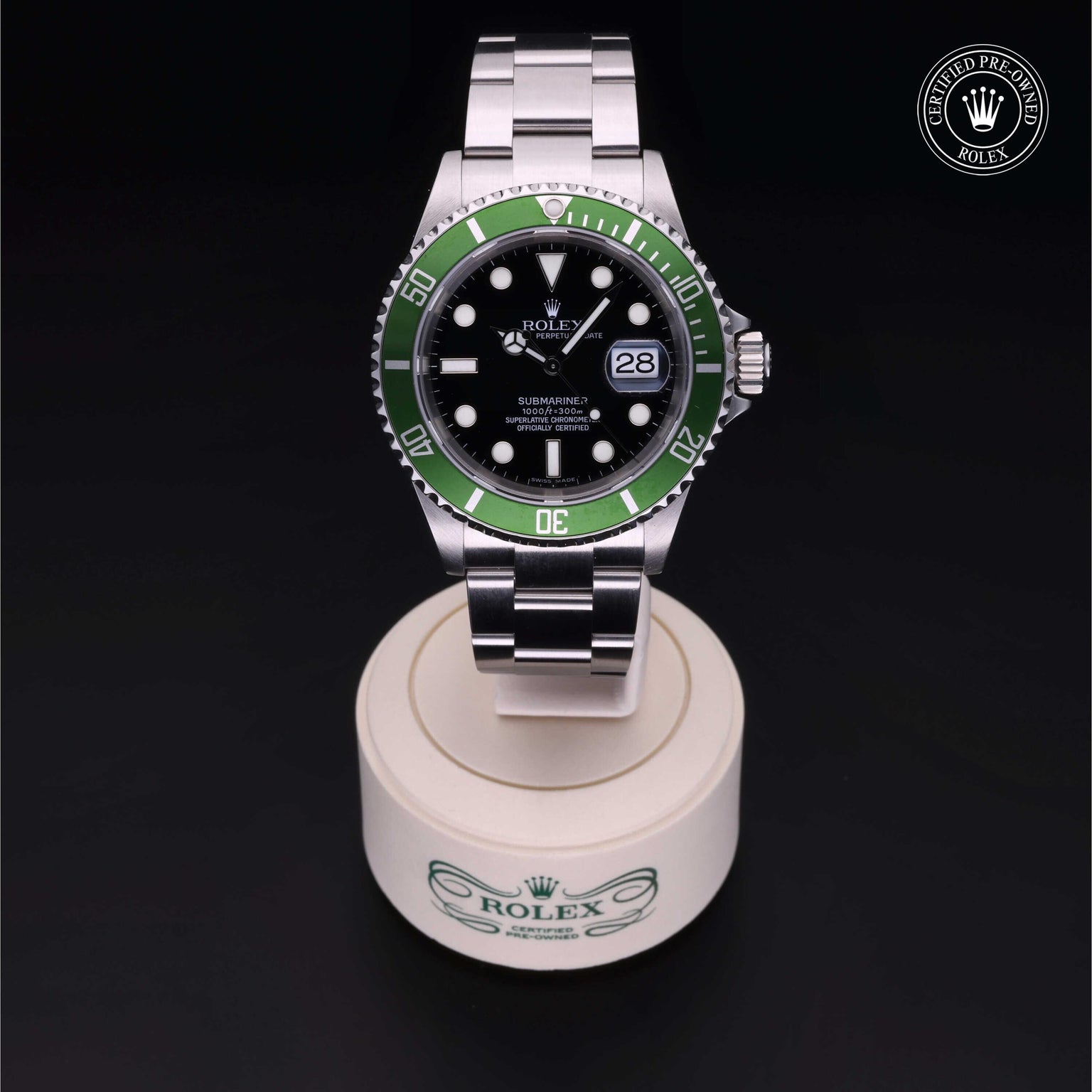 Rolex Certified Pre-owned Submariner M16610LV-0002 front on black background