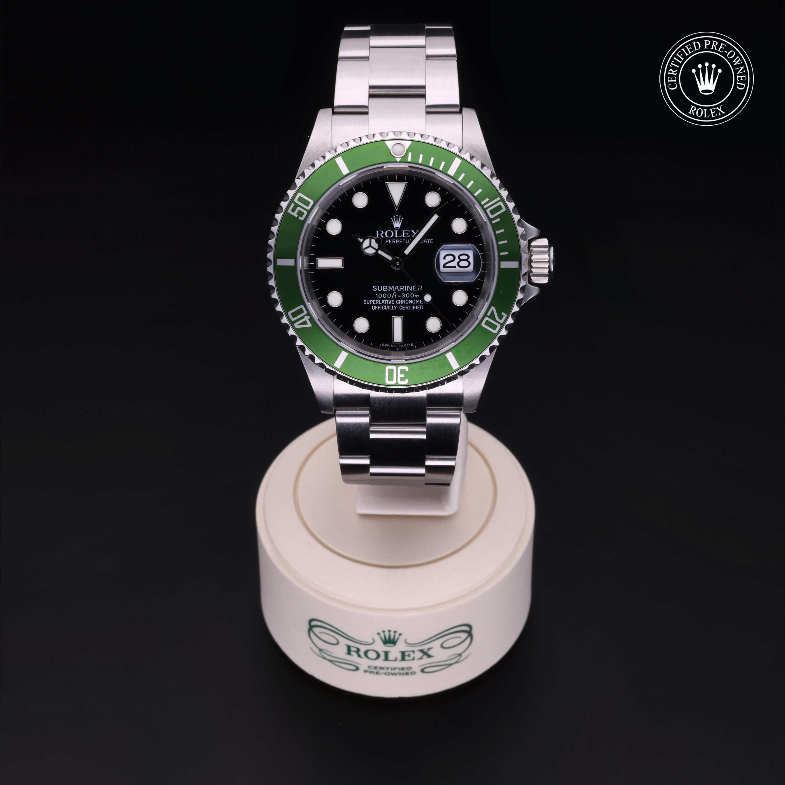 Rolex Certified Pre-owned Submariner M16610LV-0002 front on black background