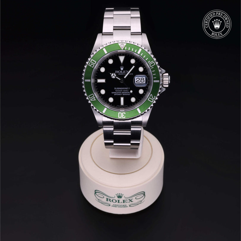 Rolex Certified Pre-owned Submariner M16610LV-0002 front on black background