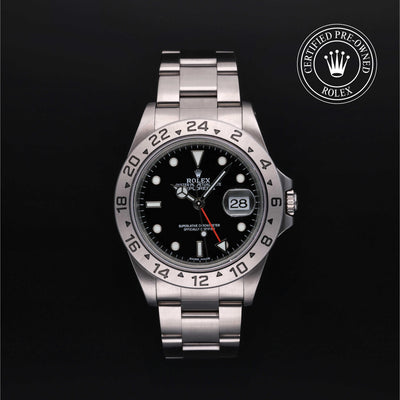 Rolex Certified Pre-owned Explorer M16570-0005 front on black background