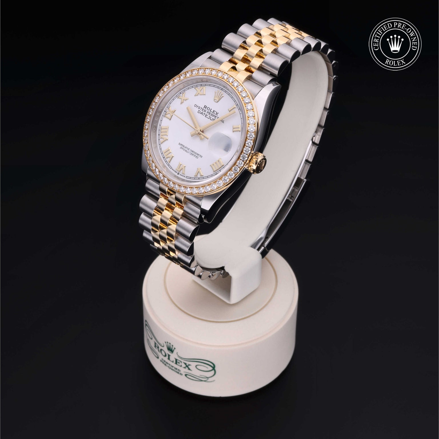 Rolex Certified Pre-owned Datejust M126283RBR-0015 front on black background