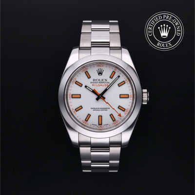 Rolex Certified Pre-owned Milgauss M116400-0002 front on black background