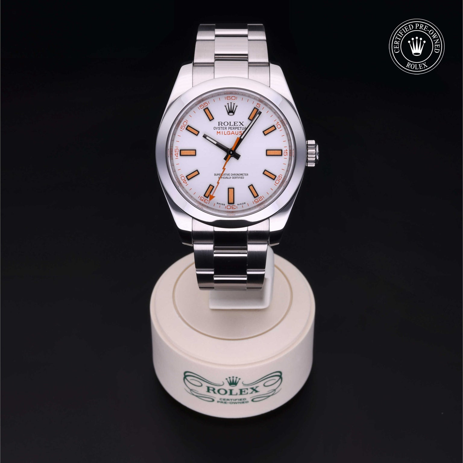 Rolex Certified Pre-owned Milgauss M116400-0002 front on black background