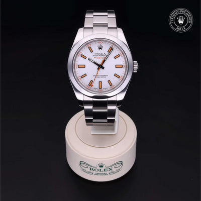 Rolex Certified Pre-owned Milgauss M116400-0002 front on black background