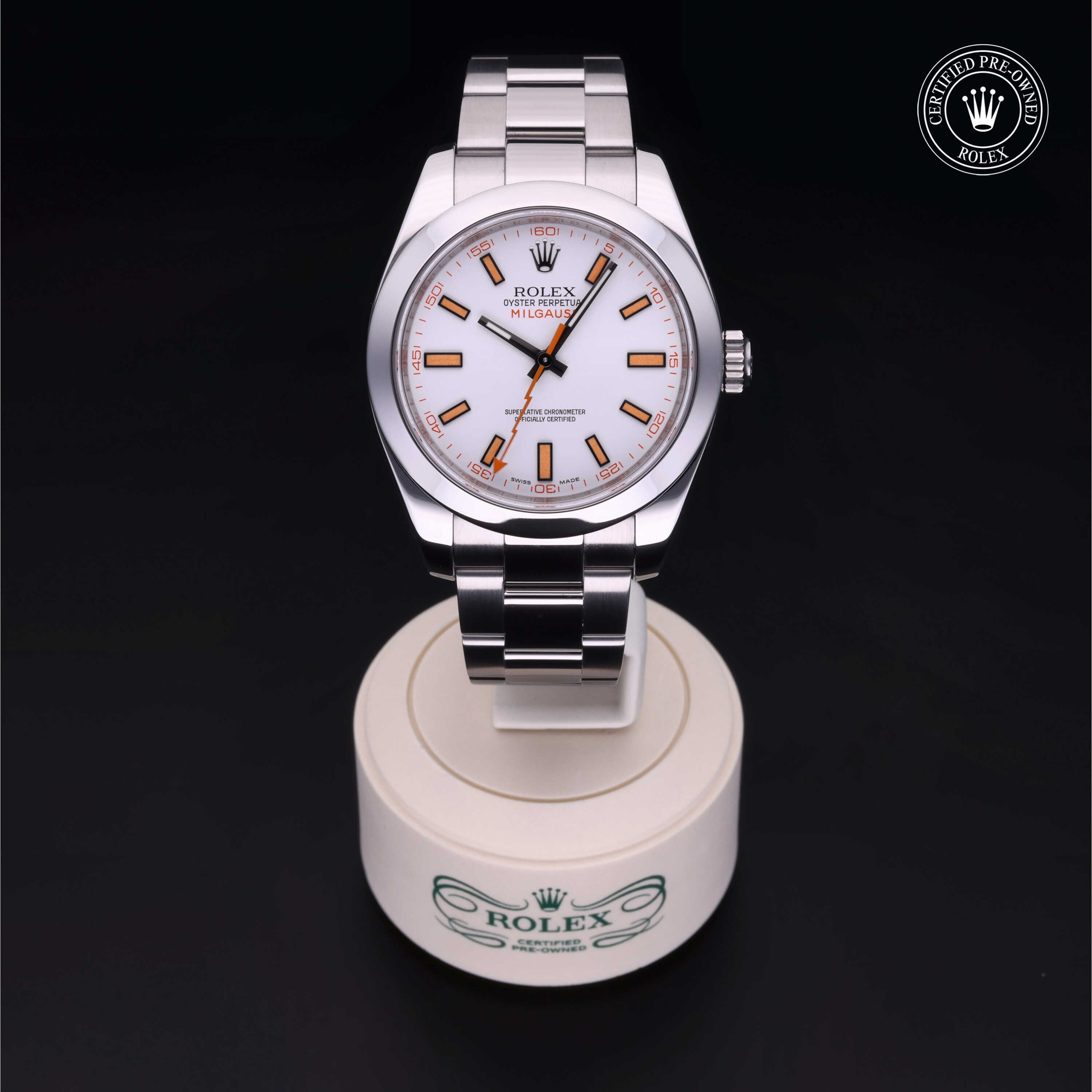 Rolex Certified Pre-owned Milgauss M116400-0002 front on black background
