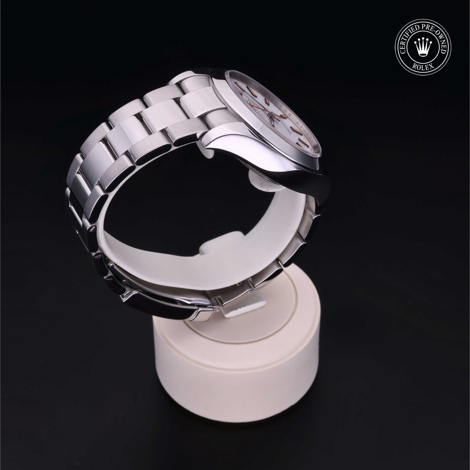Rolex Certified Pre-owned Milgauss M116400-0002 front on black background