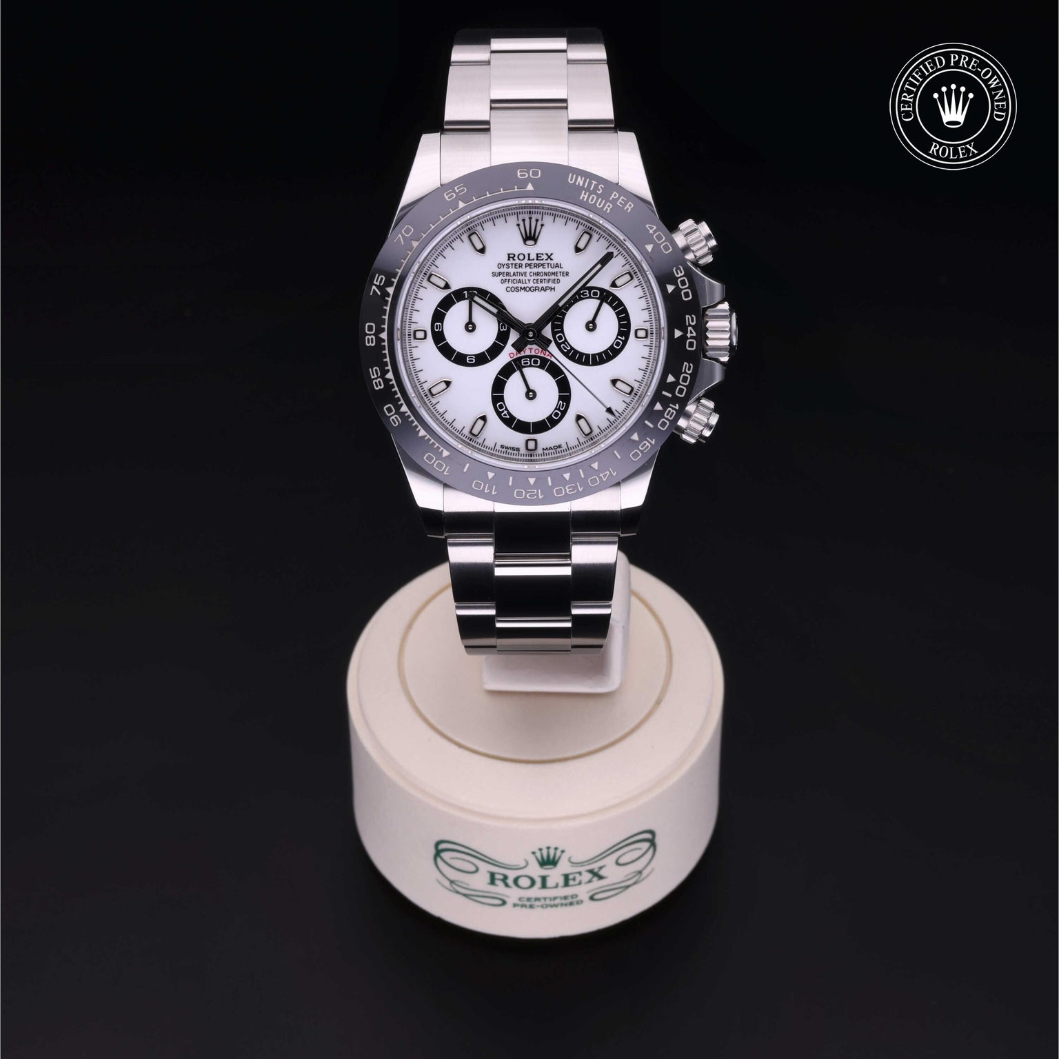 Rolex Certified Pre-owned Daytona M116500LN-0001 front on black background