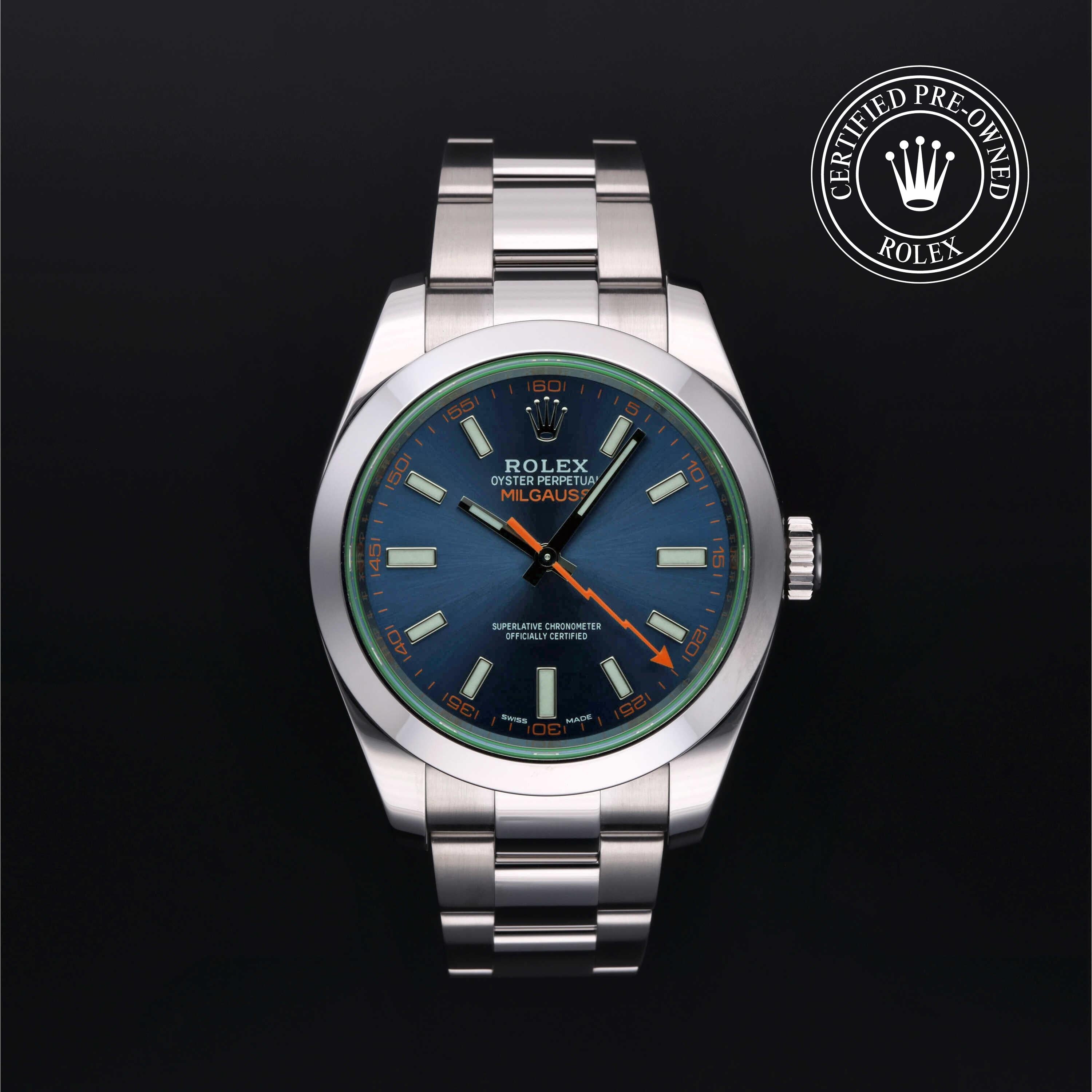 Rolex CPO Milgauss M116400GV front on white background