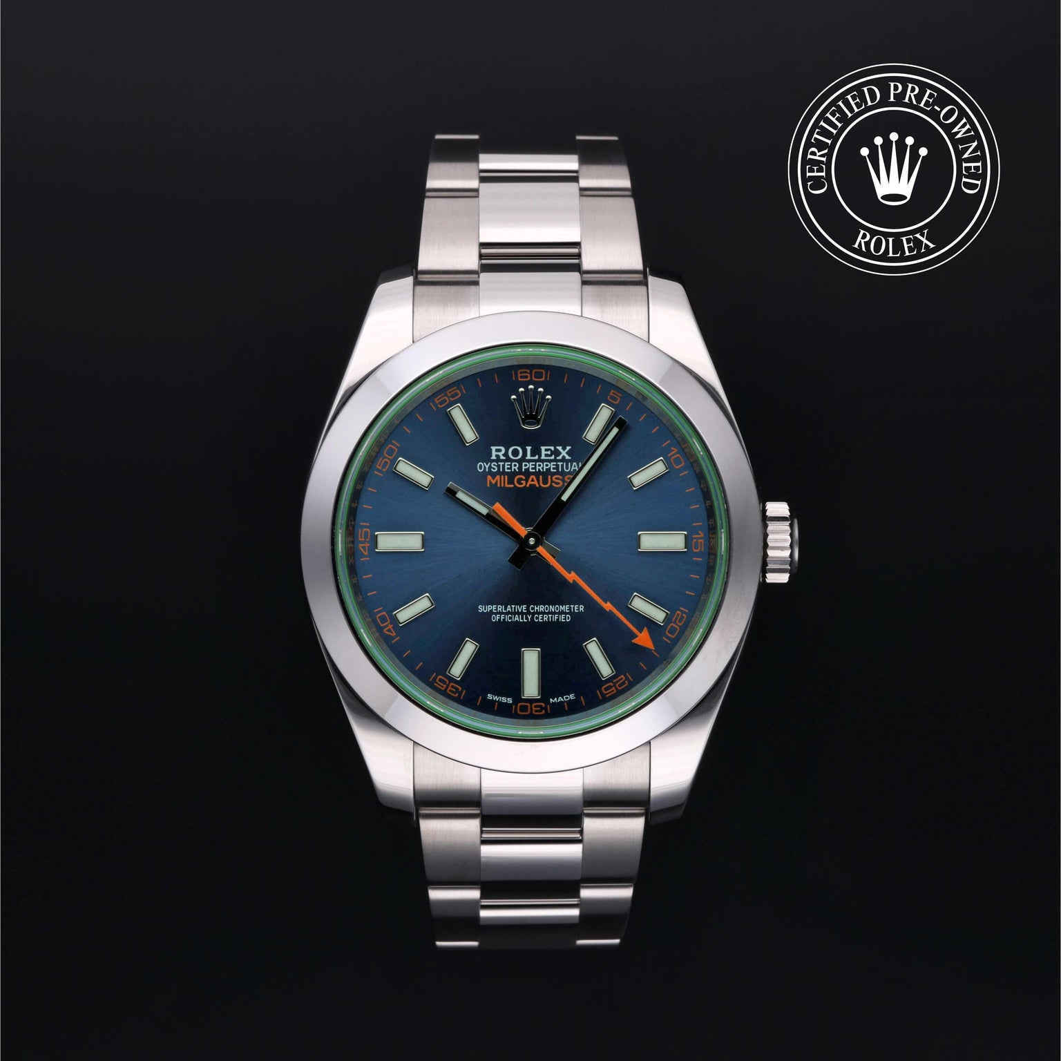Rolex CPO Milgauss M116400GV front on white background