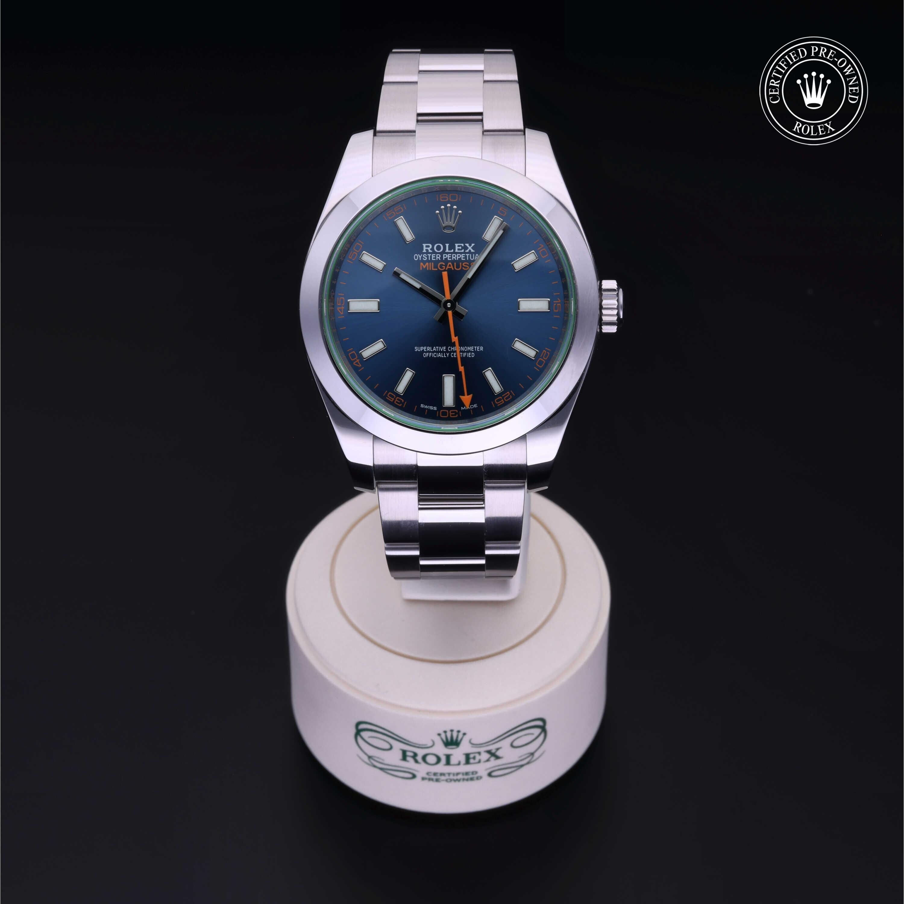 Rolex CPO Milgauss M116400GV front on white background