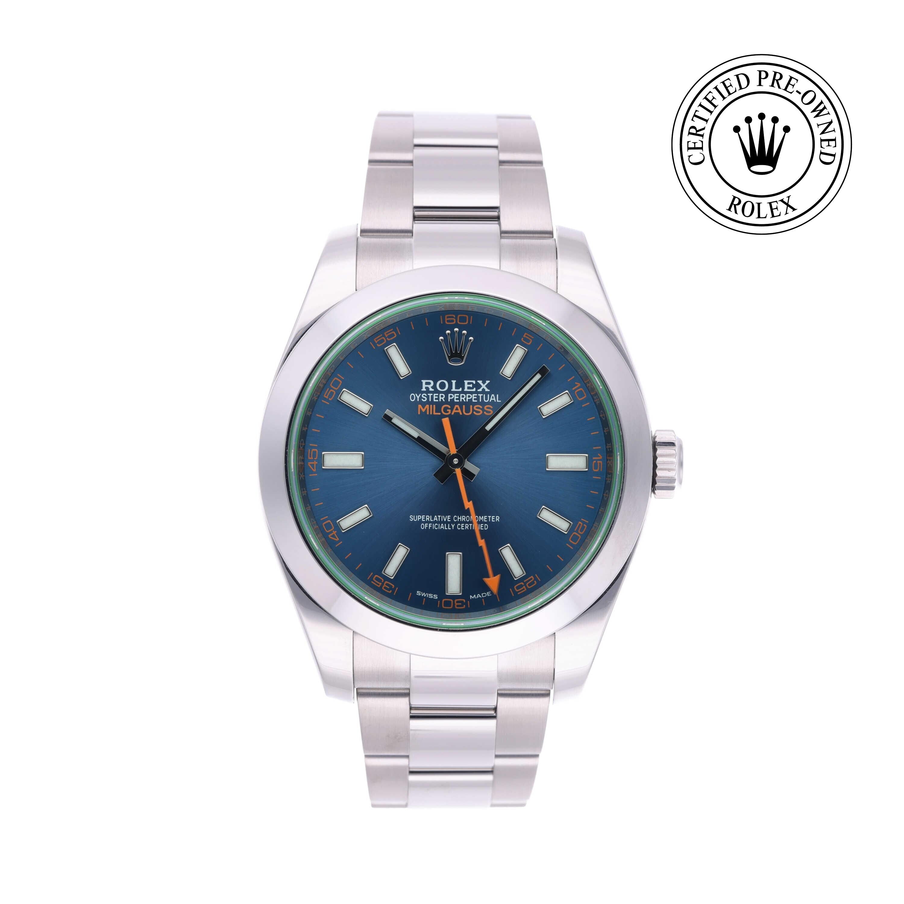 Rolex CPO Milgauss M116400GV front on white background