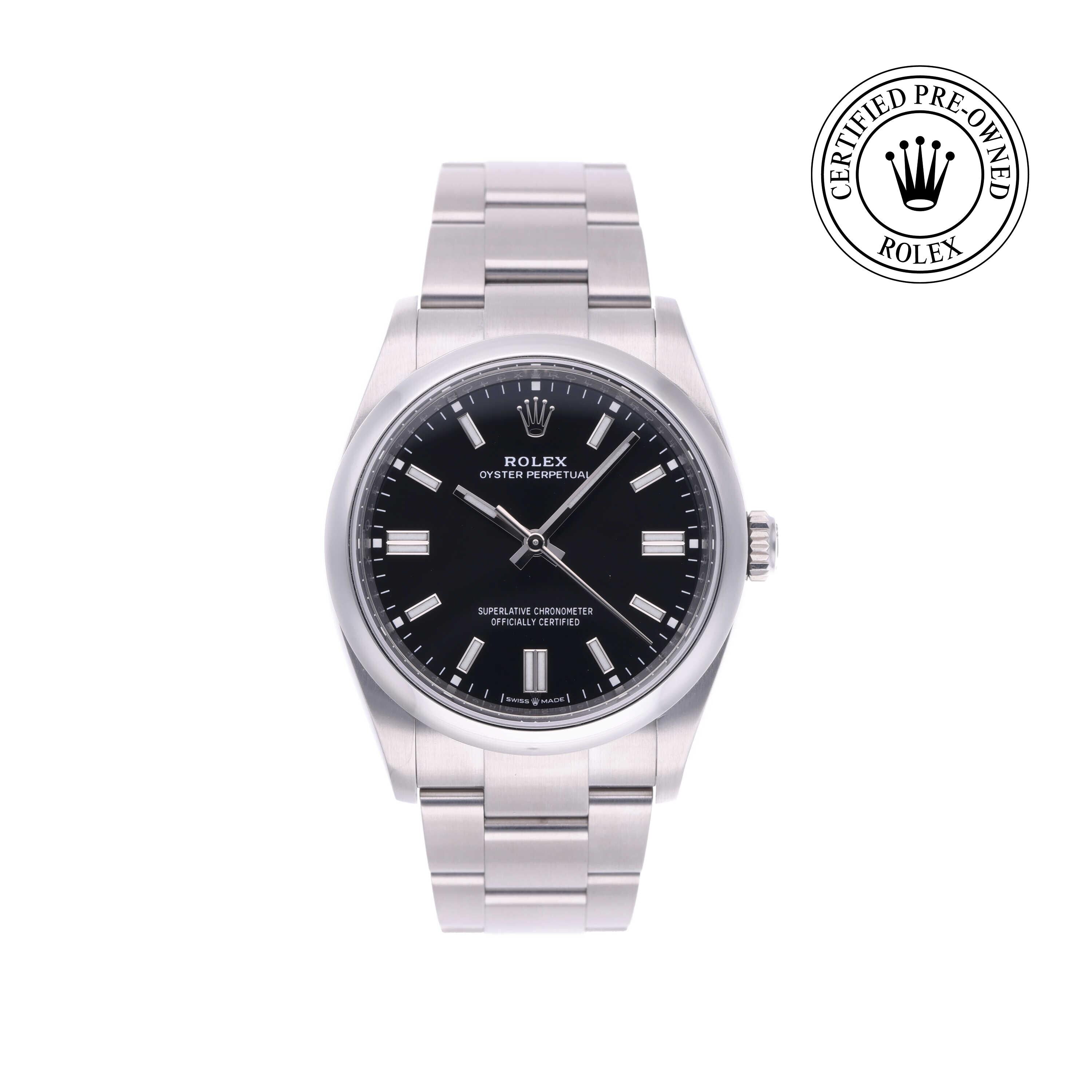 Rolex CPO Oyster Perpetual M126000 front on white background